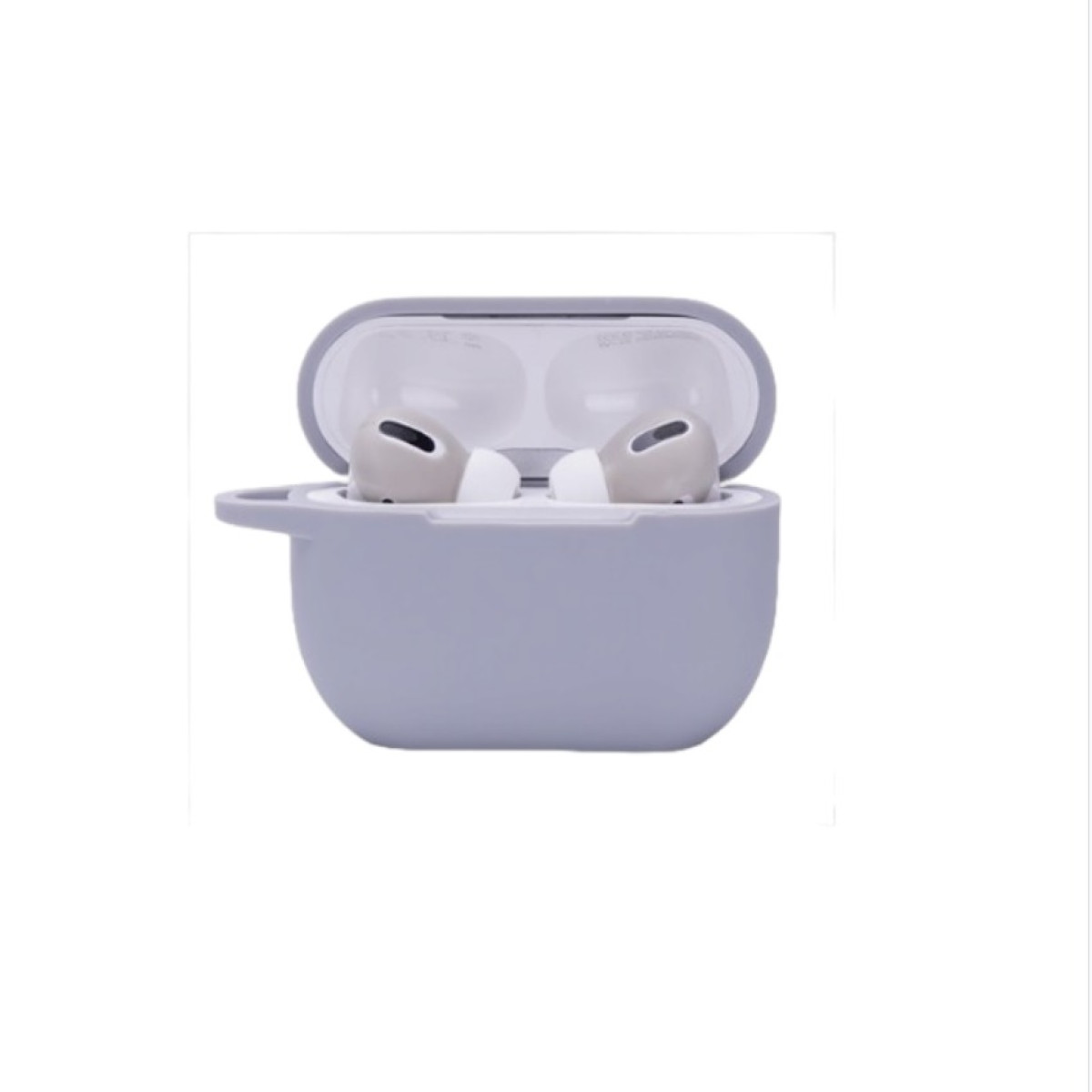 Funda gris para AirPods con tapa abierta, que revela auriculares grises. Fondo blanco.