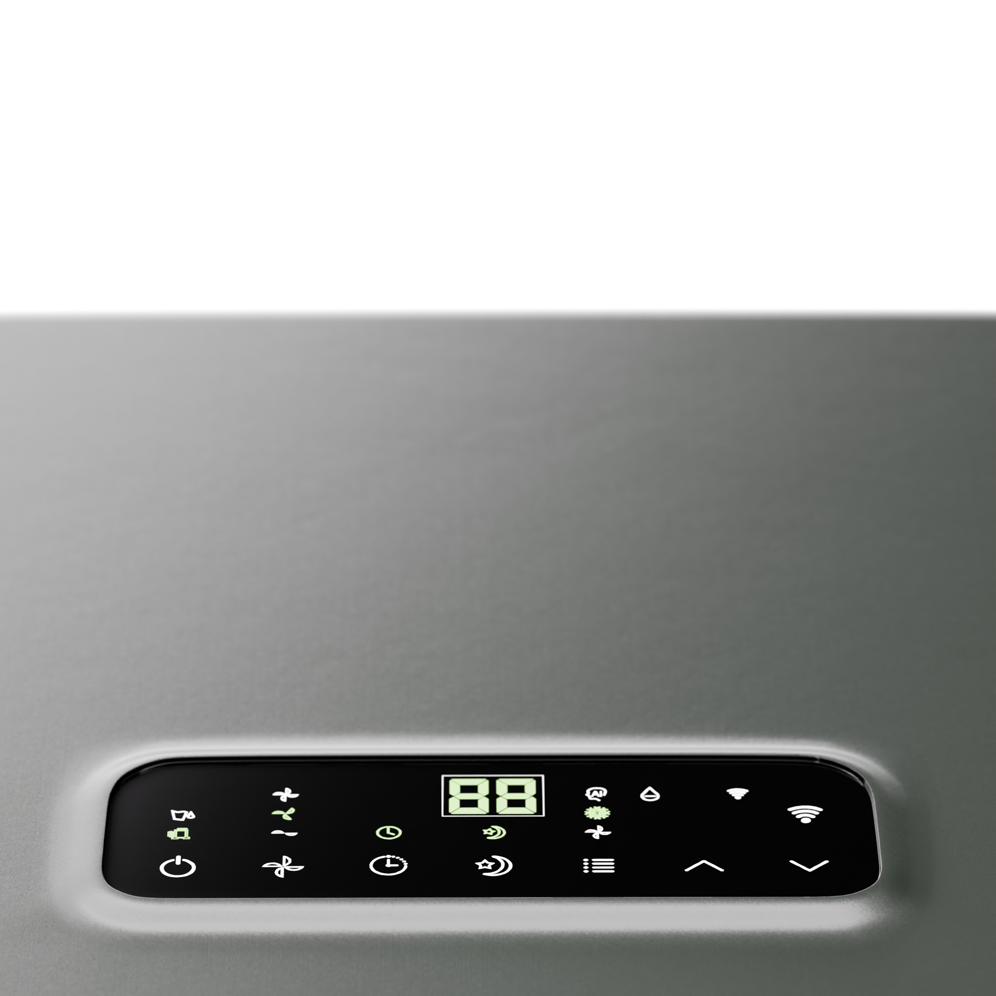 Primer plano de un panel de control gris con pantalla digital e iconos. Fondo blanco.