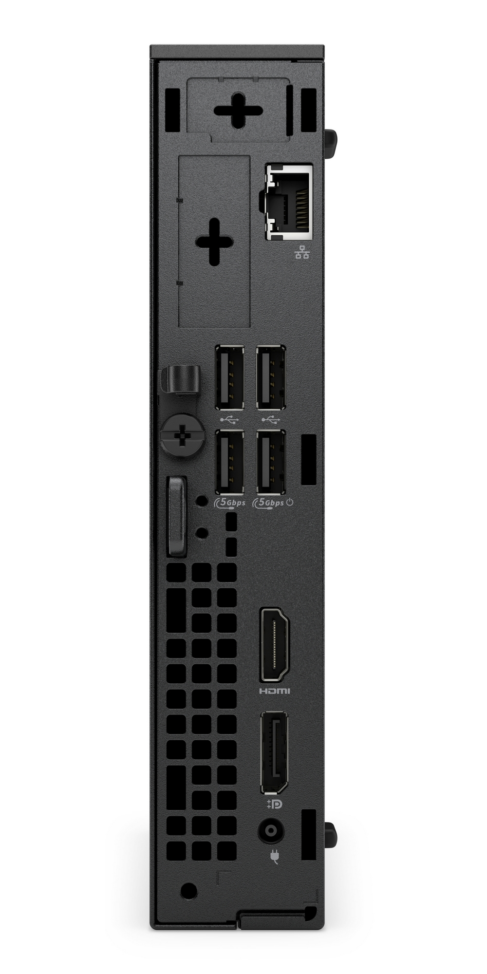 Pannello posteriore di un tower nero per computer con porte, tra cui USB, HDMI e una porta Ethernet, su sfondo bianco.