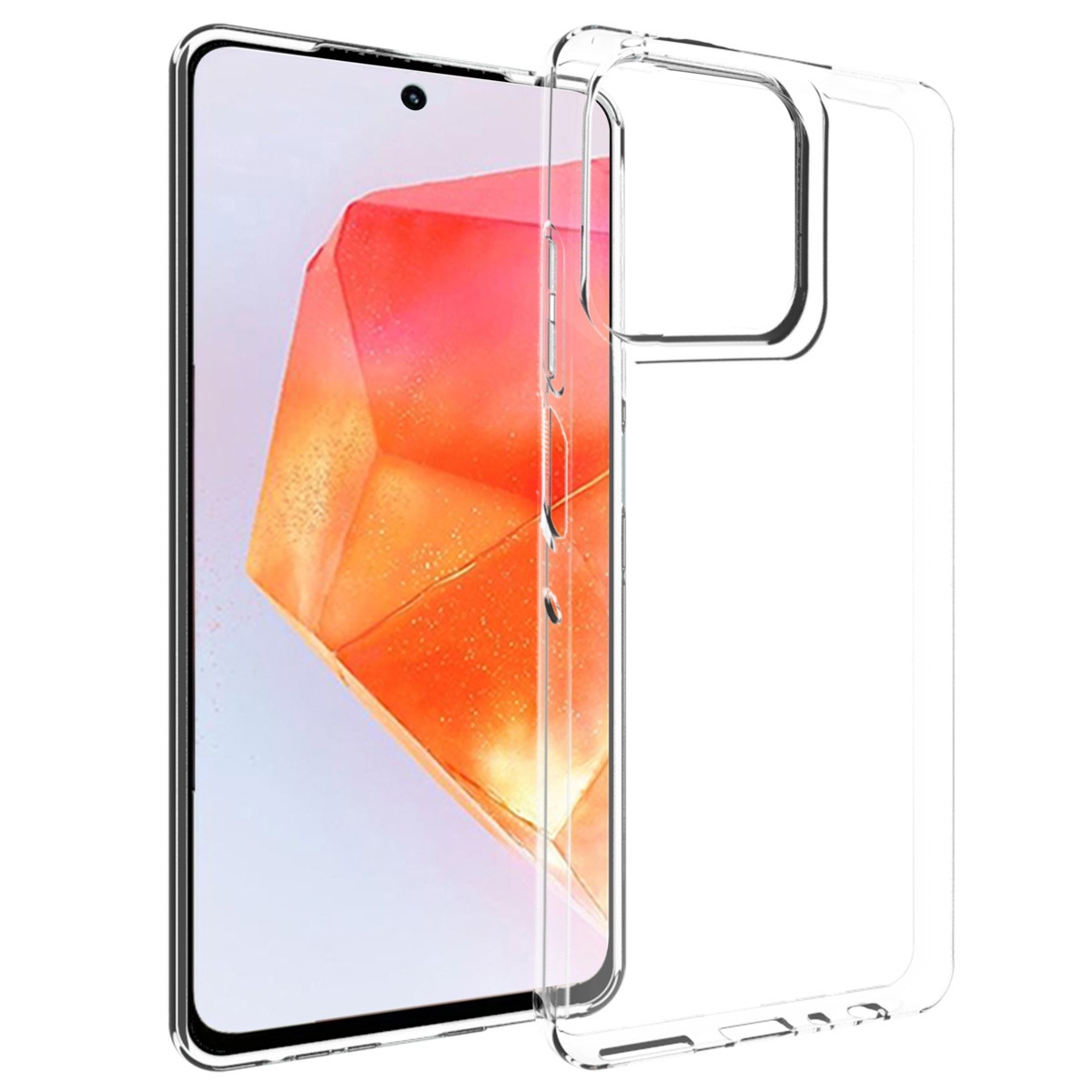 Een doorzichtige telefoonhoes en een telefoon. De telefoon heeft een camera en een scherm.