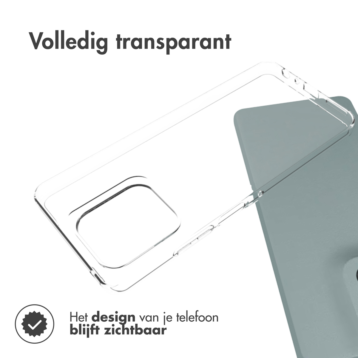 Een telefoonhoesje over een telefoon. Tekst: 'Volledig transparant'.