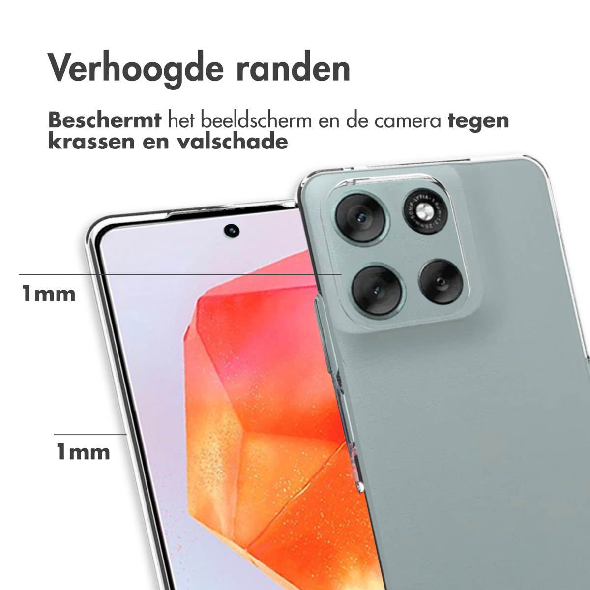 Een telefoon en een doorzichtige hoes, naast elkaar, met afmetingen. Tekst: 'Verhoogde randen'.