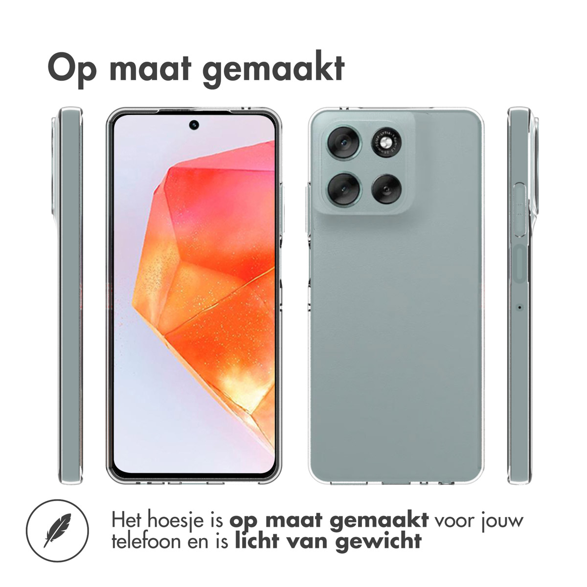 Afbeeldingen van telefoonhoesjes vanuit meerdere hoeken. Tekst: 'Op maat gemaakt'.