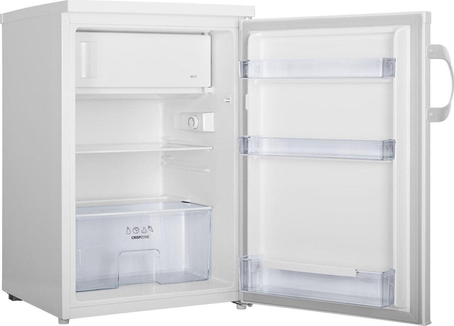 Weißer Mini-Kühlschrank mit offener Tür. Innenraum mit Regalen und einer Frischhalteschublade sichtbar.