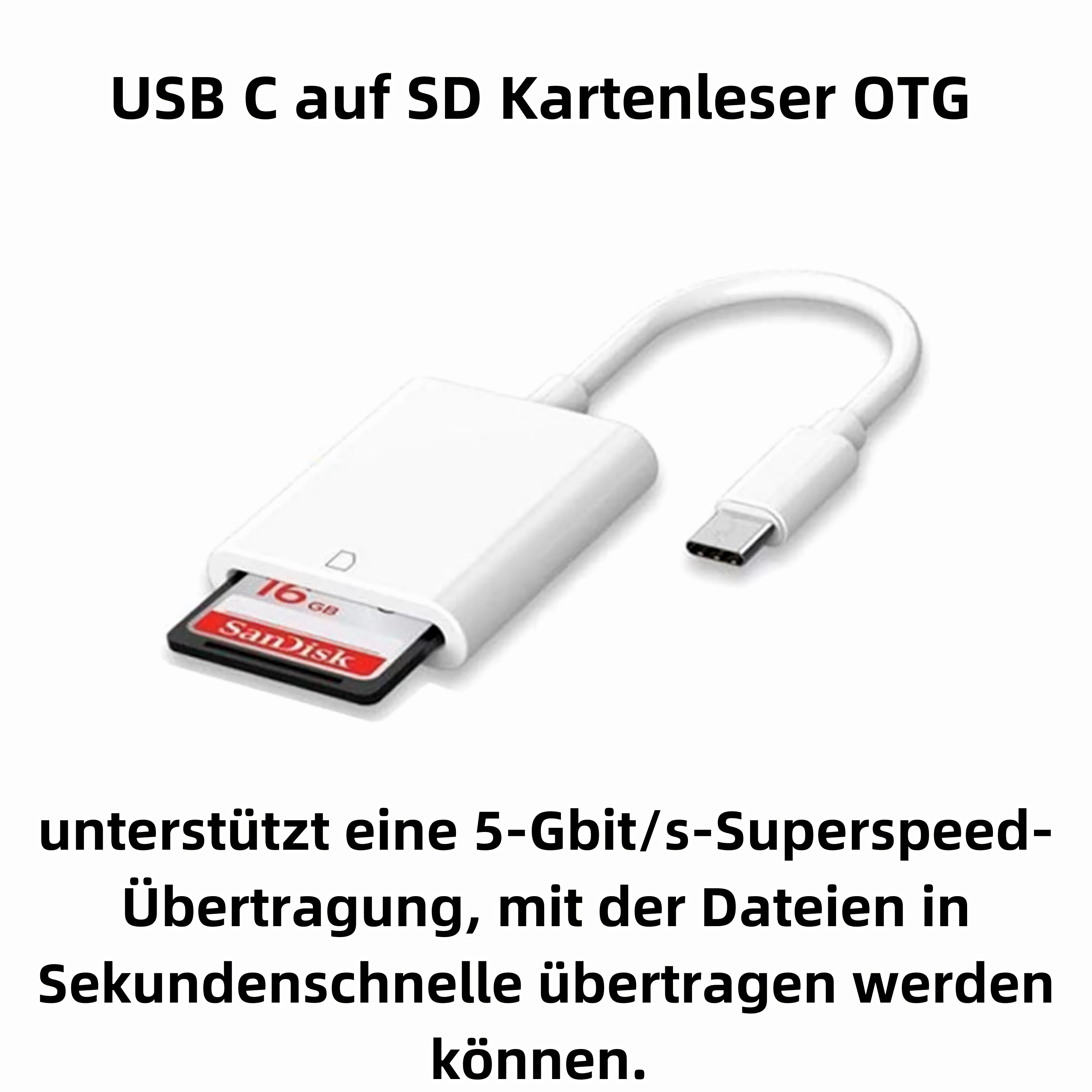 Das Bild zeigt einen weißen USB-C-zu-SD-Kartenleser, der eine Highspeed-Datenübertragung unterstützt.