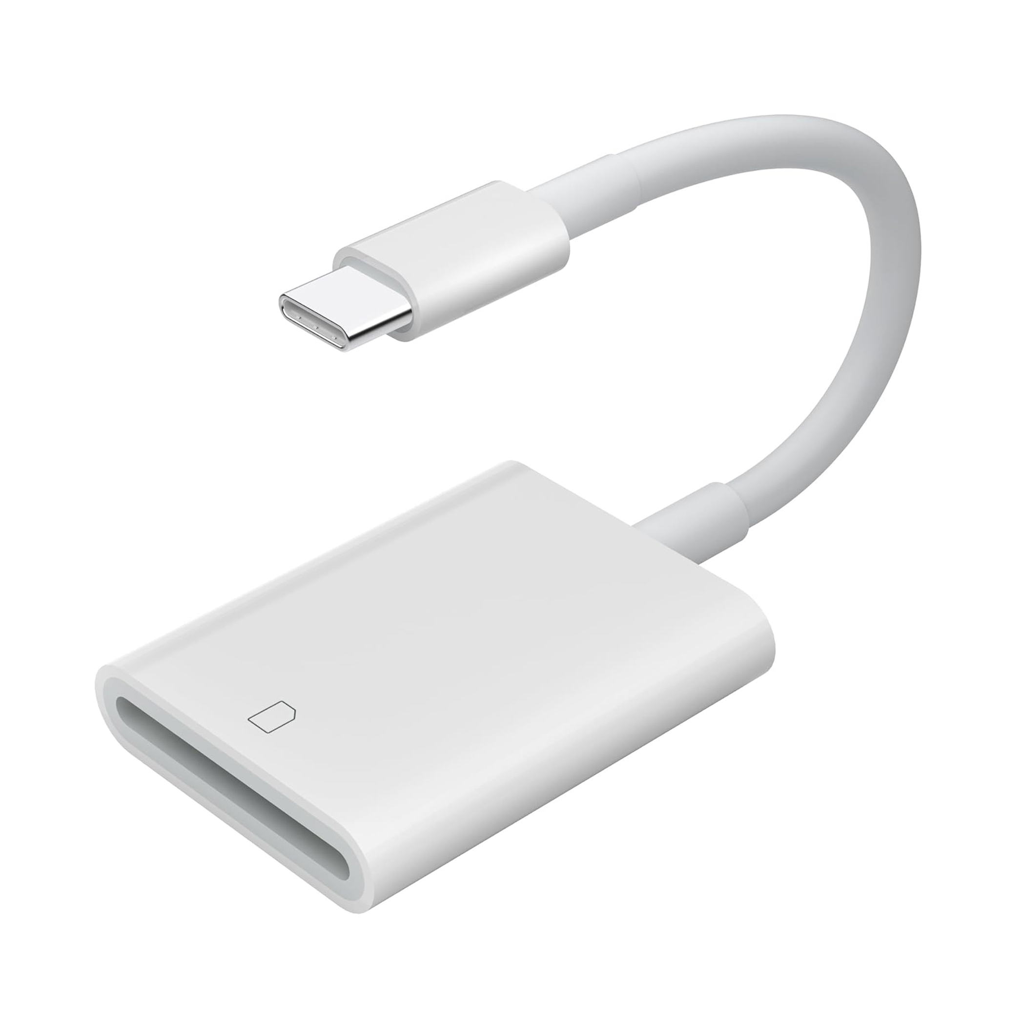 Weißer USB-C-Adapter mit kurzem Kabel auf weißem Hintergrund. Der Adapter hat einen Steckplatz für eine SD-Karte.