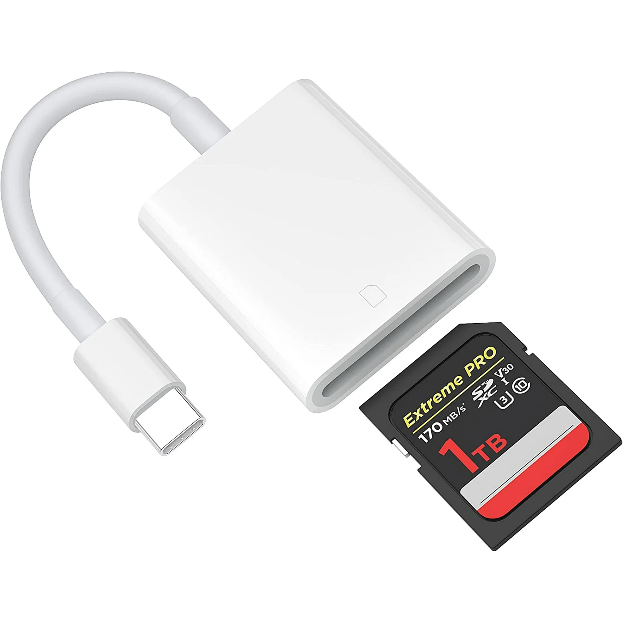 Bild eines weißen USB-C-Adapters mit kurzem Kabel und einer 1-TB-SD-Karte. Der Adapter hat einen Steckplatz für eine SD-Karte.