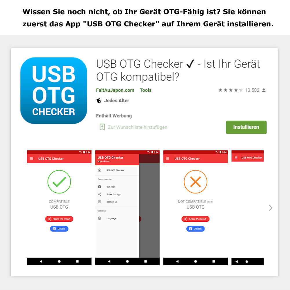 Screenshot einer App mit drei Bildschirmen. Anweisungen und Schaltflächen sind sichtbar.