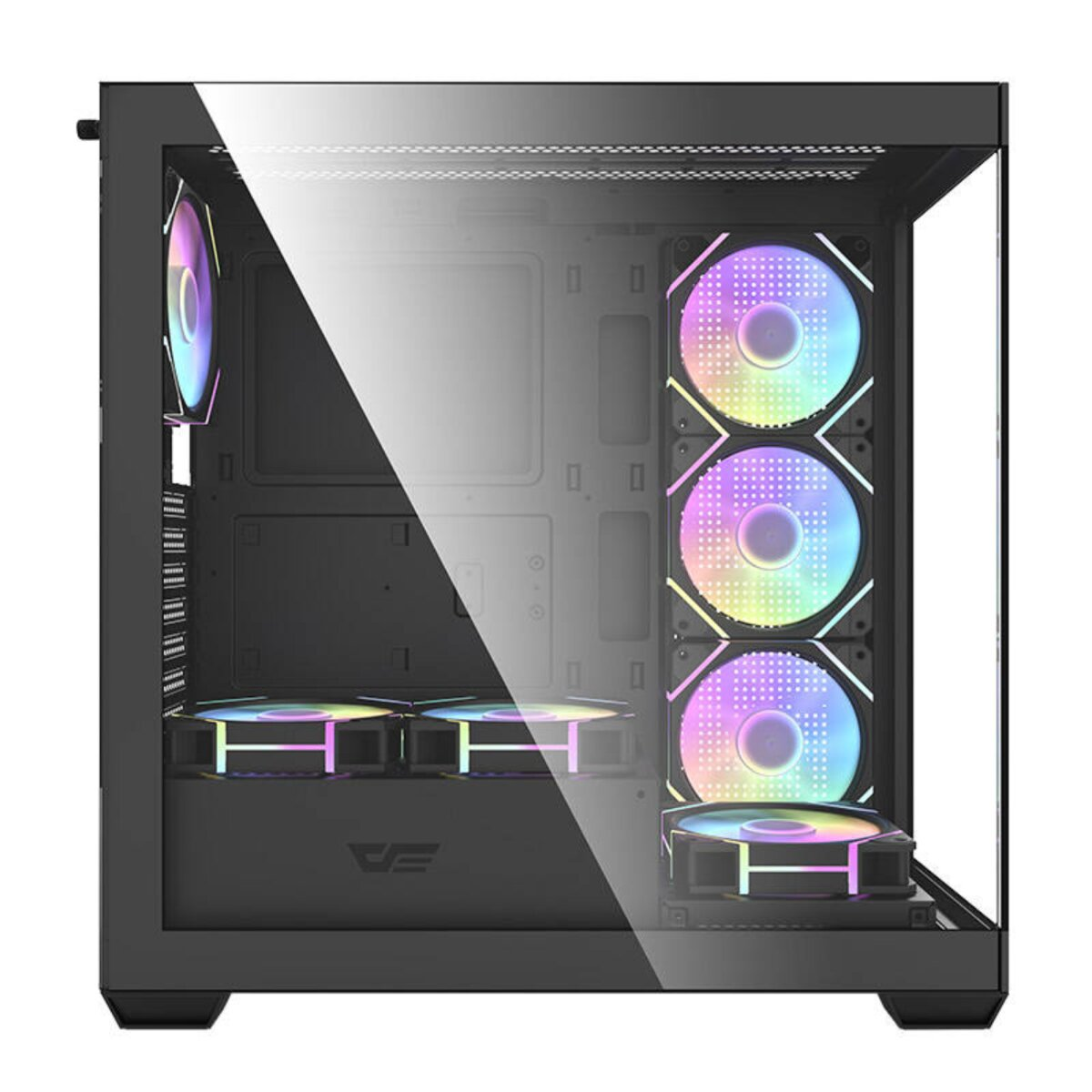 Ein schwarzes Computergehäuse mit Lüftern, die in Regenbogenfarben leuchten.