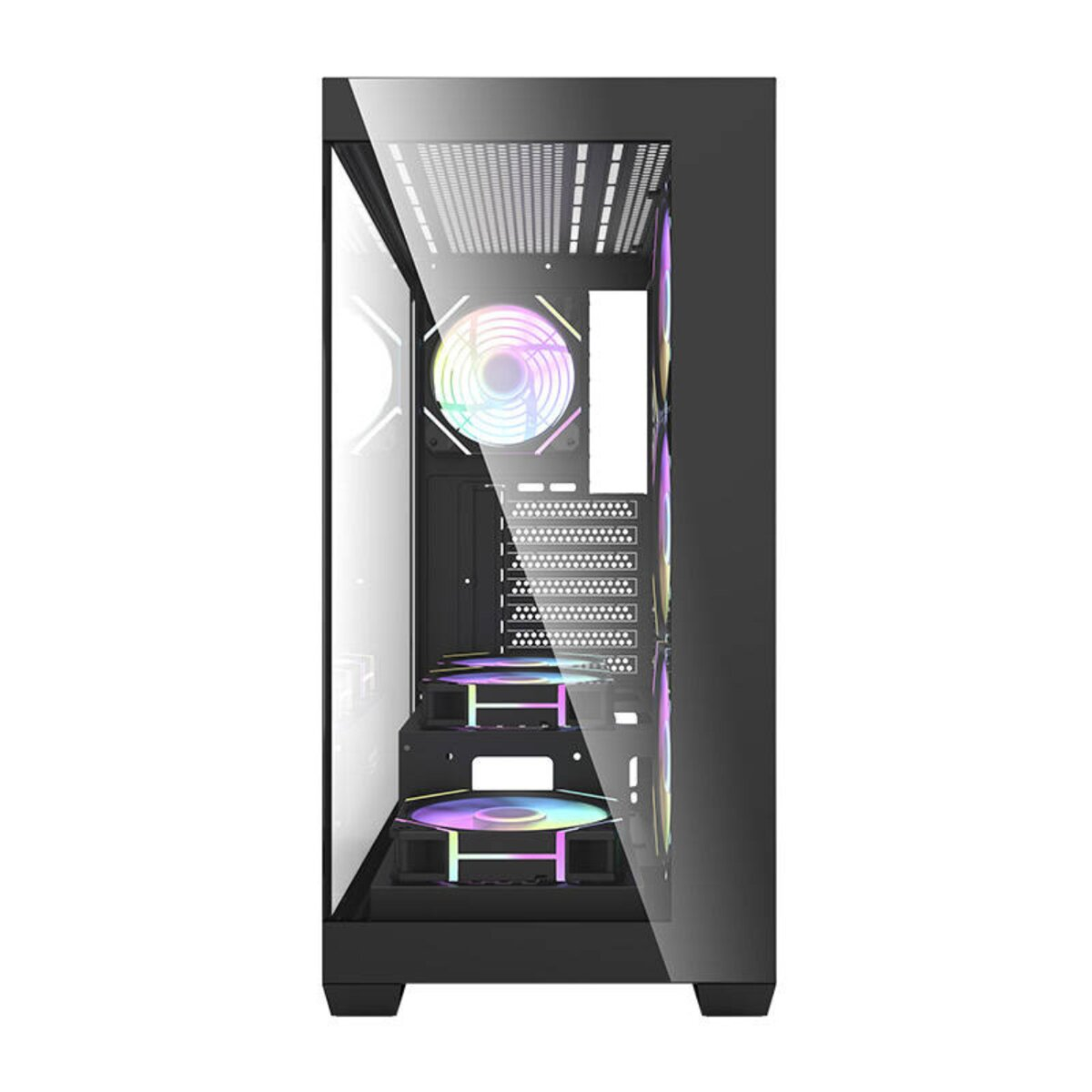 Ein schwarzes Computergehäuse mit Lüftern, die in Regenbogenfarben leuchten.