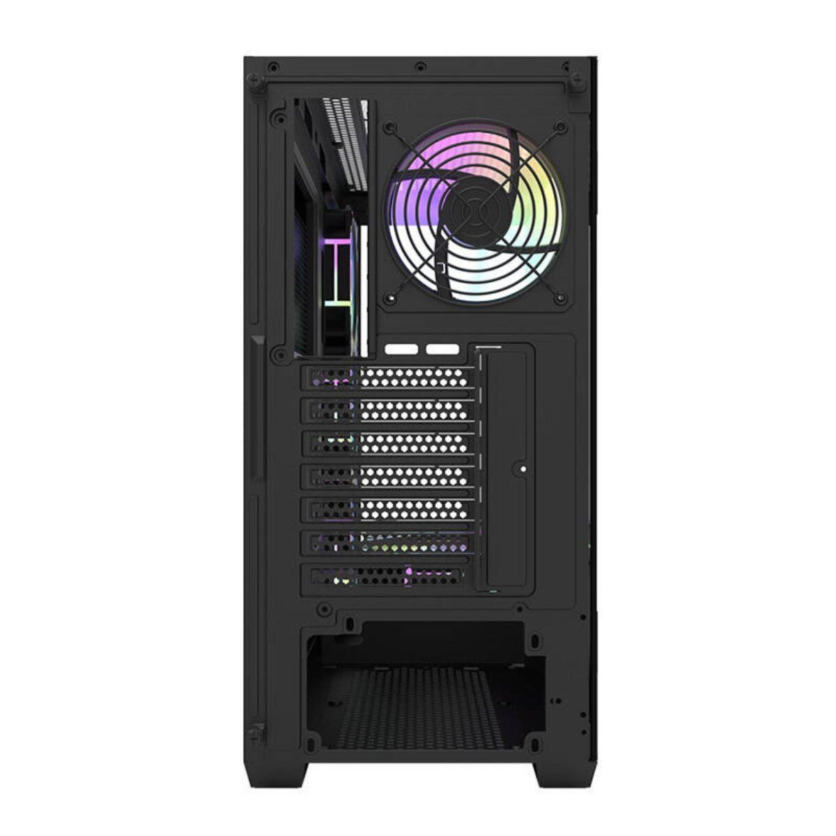 Ein schwarzes Computergehäuse-Inneres mit einem Regenbogenlüfter und mehreren Erweiterungssteckplätzen wird gezeigt.