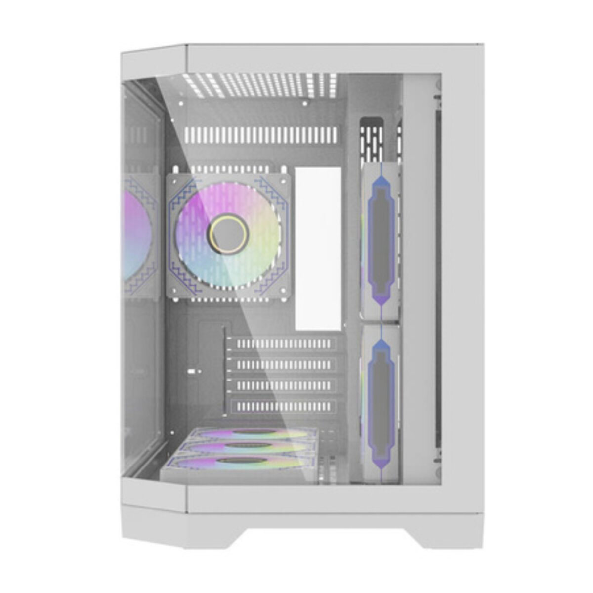 Ein weißes Computergehäuse mit durchsichtigen Seitenwänden, durch die Regenbogenlüfter sichtbar sind, wird angezeigt.