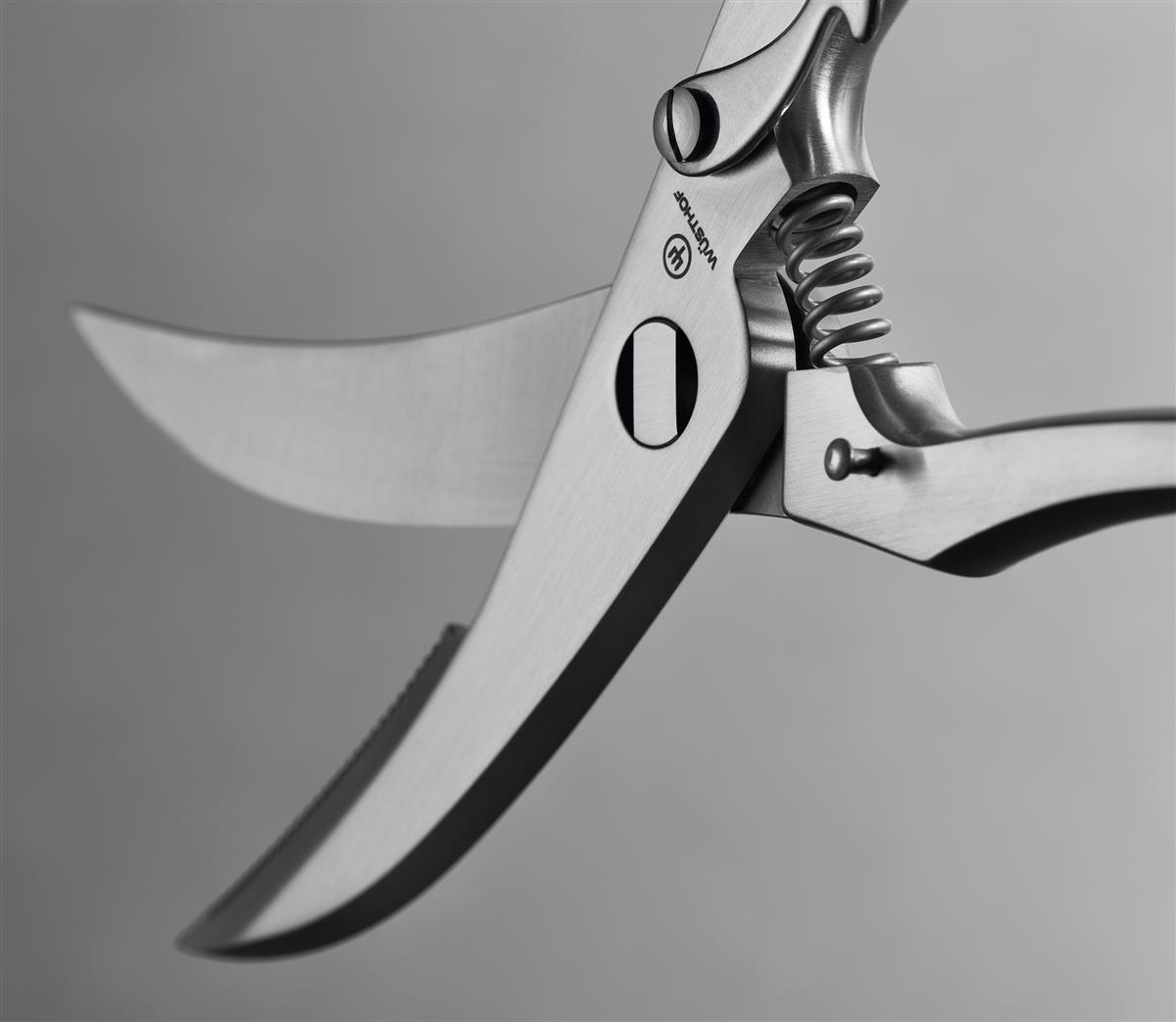 Nahaufnahme einer Küchenschere. Die Schere ist aus Metall und hat einen Federmechanismus.