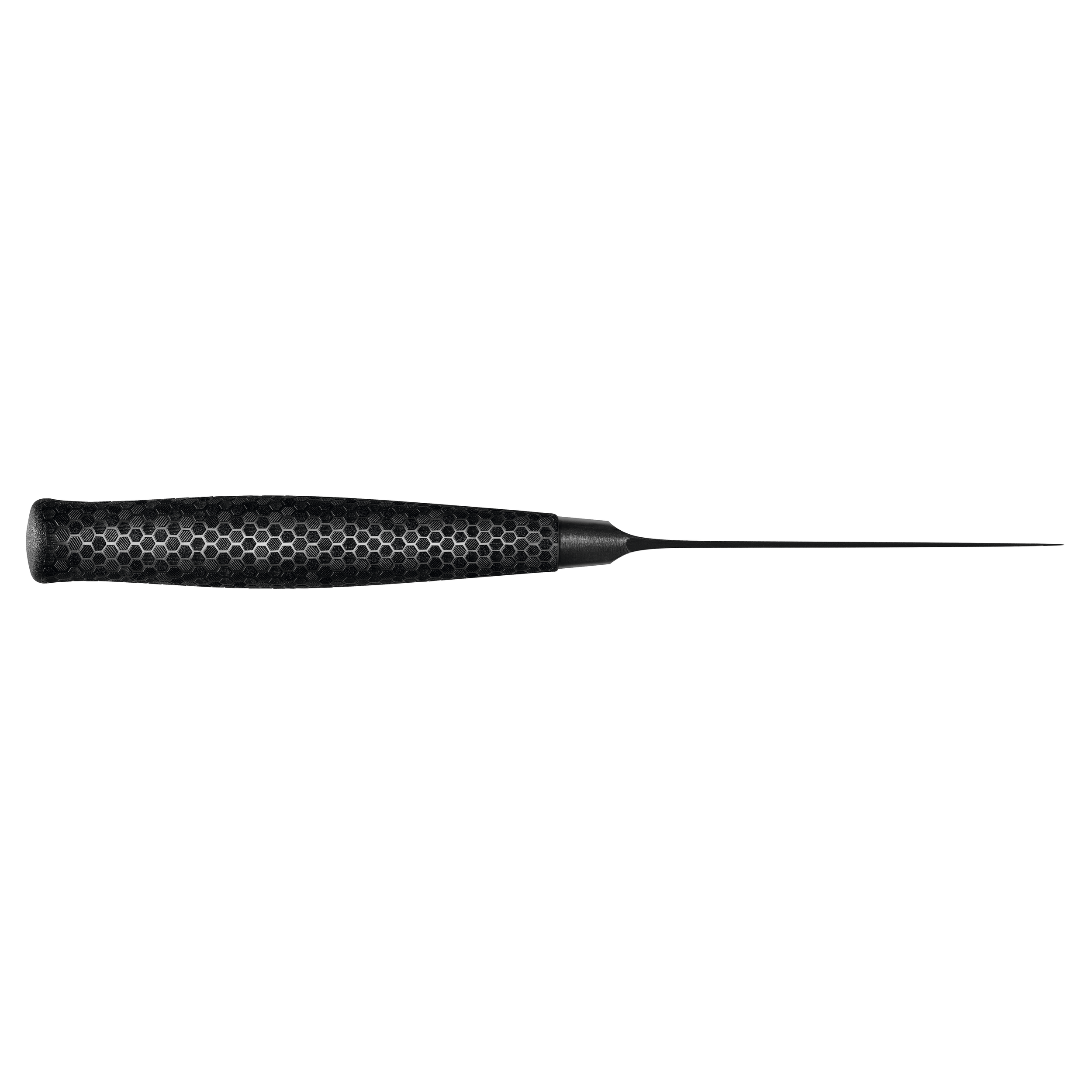 Ein Messer mit schwarzem Griff und langer Spitze. Schwarzer Hintergrund.