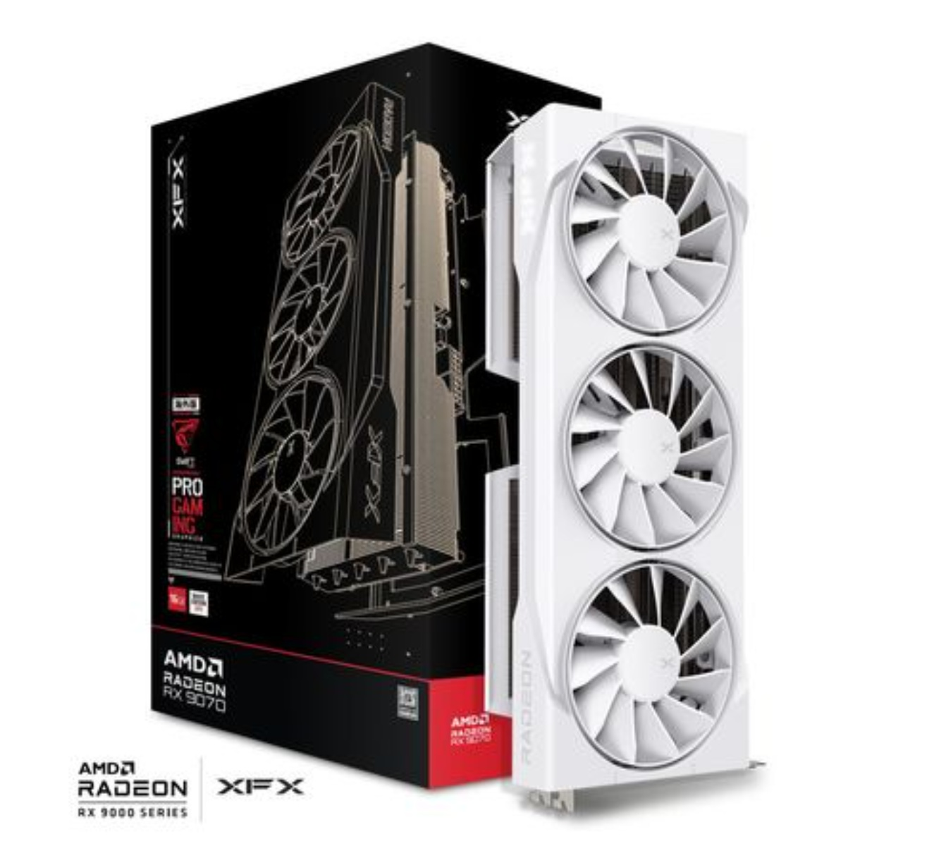 Biało-czarne pudełko karty graficznej i biała karta graficzna z trzema wentylatorami.
