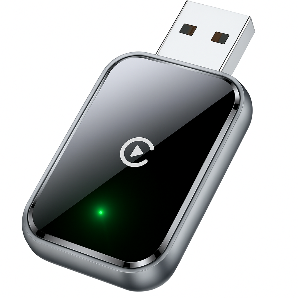 Ein schwarzer USB-Adapter mit grünem Play-Button. Silberner Rand und glänzende Oberfläche. Weißer Hintergrund.