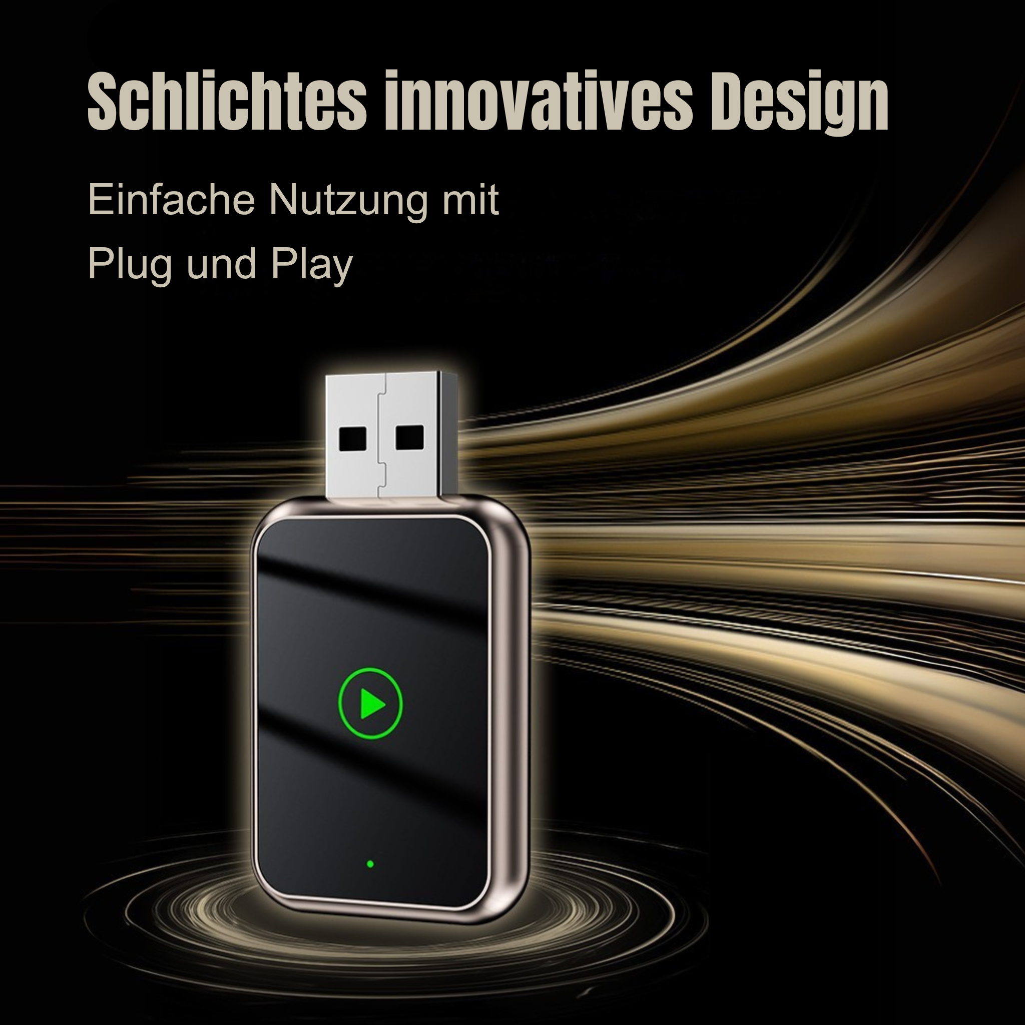Ein schwarzer und silberner USB-Adapter mit Text. Die Wörter sind auf Deutsch und Englisch. Schwarzer Hintergrund.