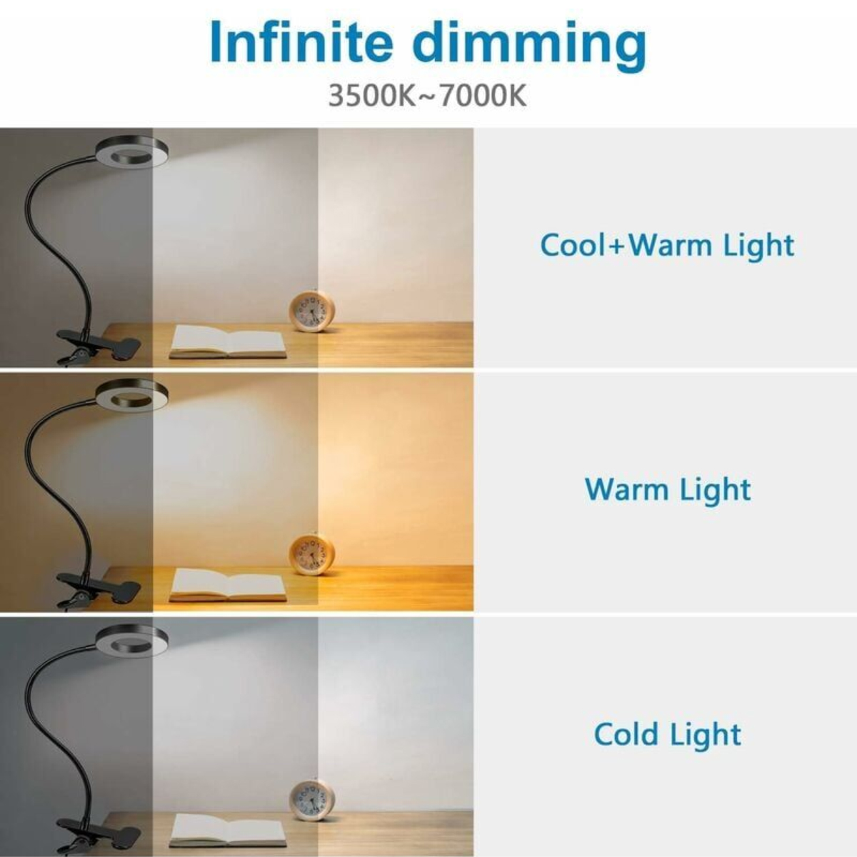 Eine Schreibtischlampe mit einstellbaren Lichteinstellungen: kaltes, warmes und kaltes+warmes Licht.