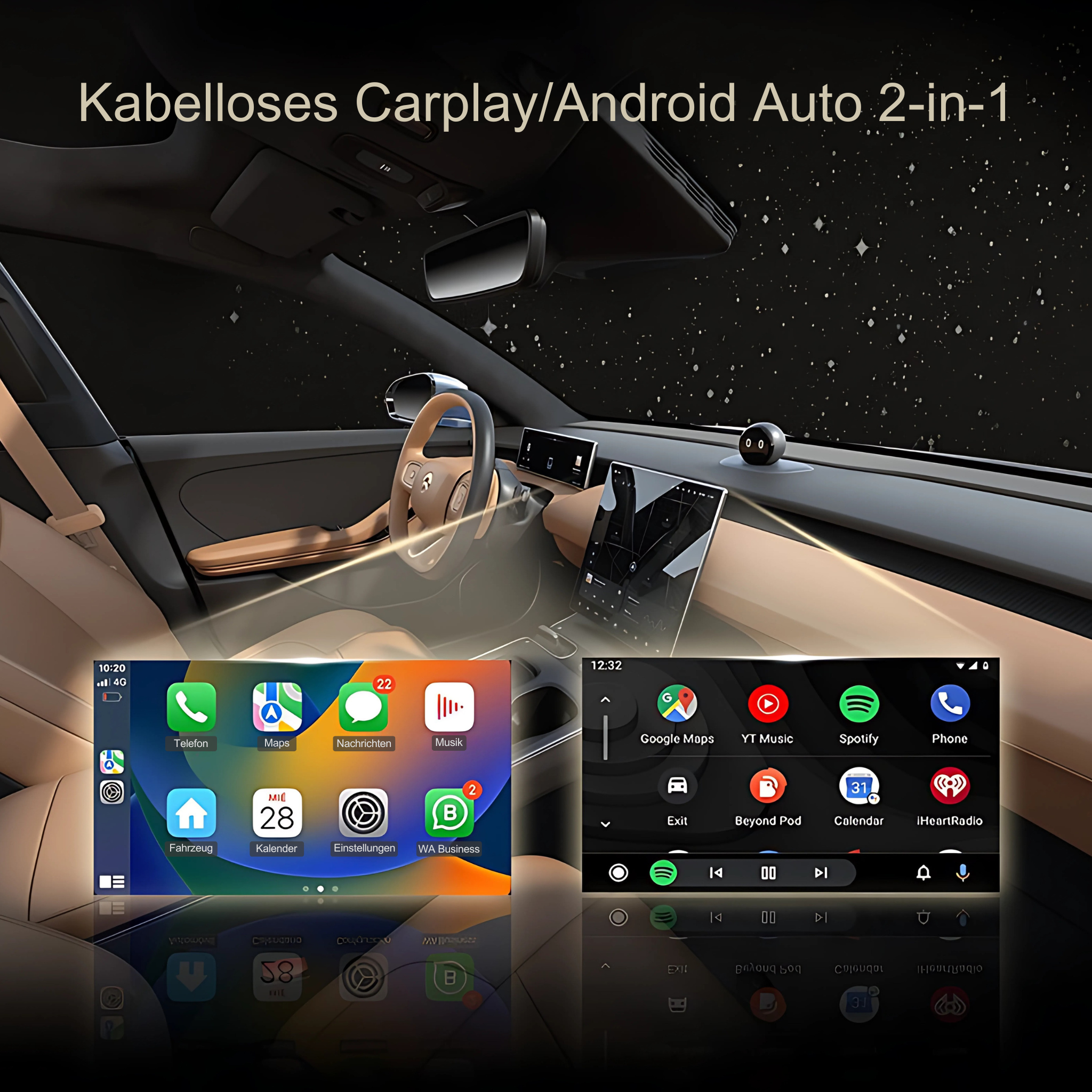 Der Auto-Bildschirm zeigt Telefon-Apps an. Innenraum eines Autos wird gezeigt. Navigation, Musik, Telefon-Apps sind sichtbar.