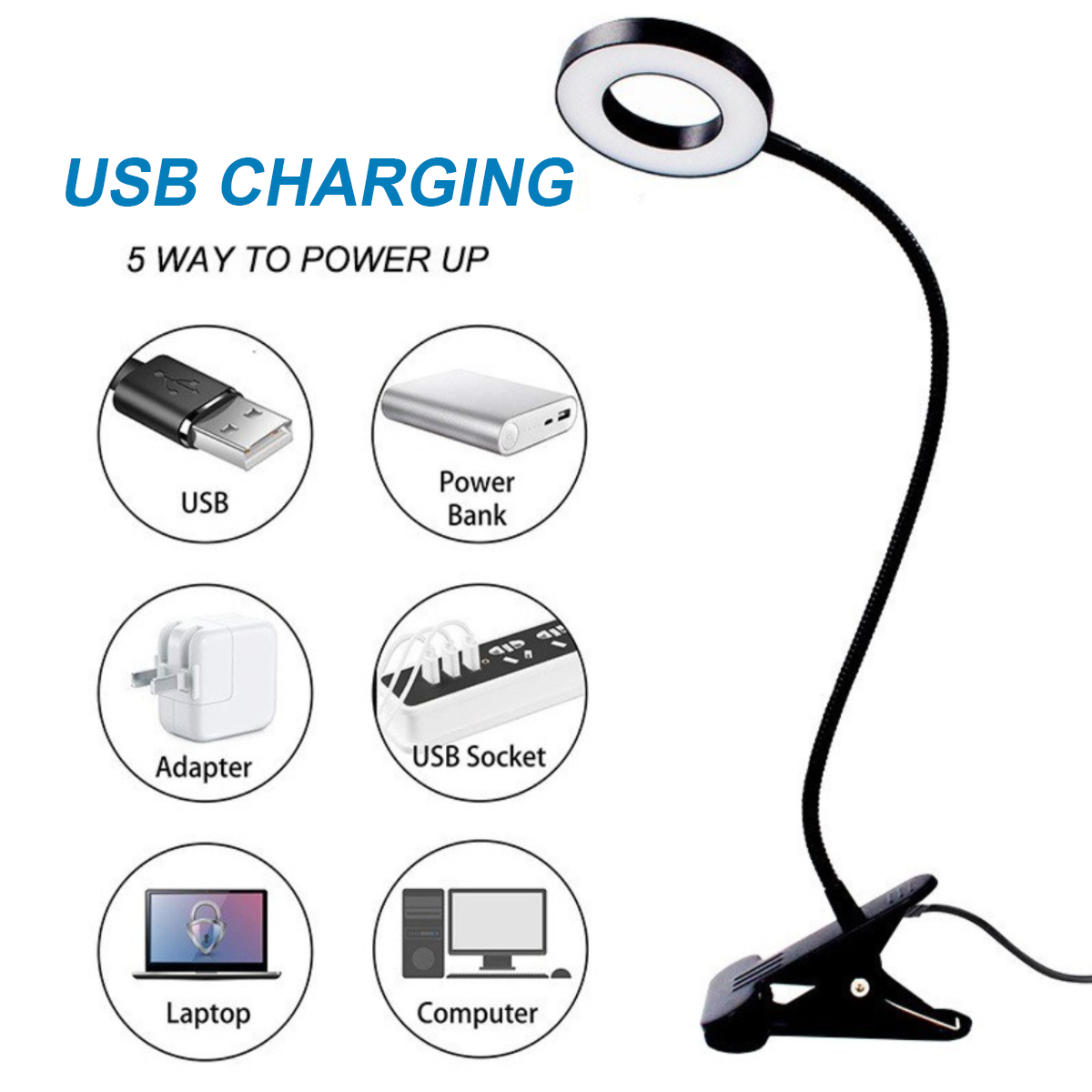 Eine schwarze Schreibtischlampe mit Ringlicht und Clipfuß, mit USB- und Stromoptionen.