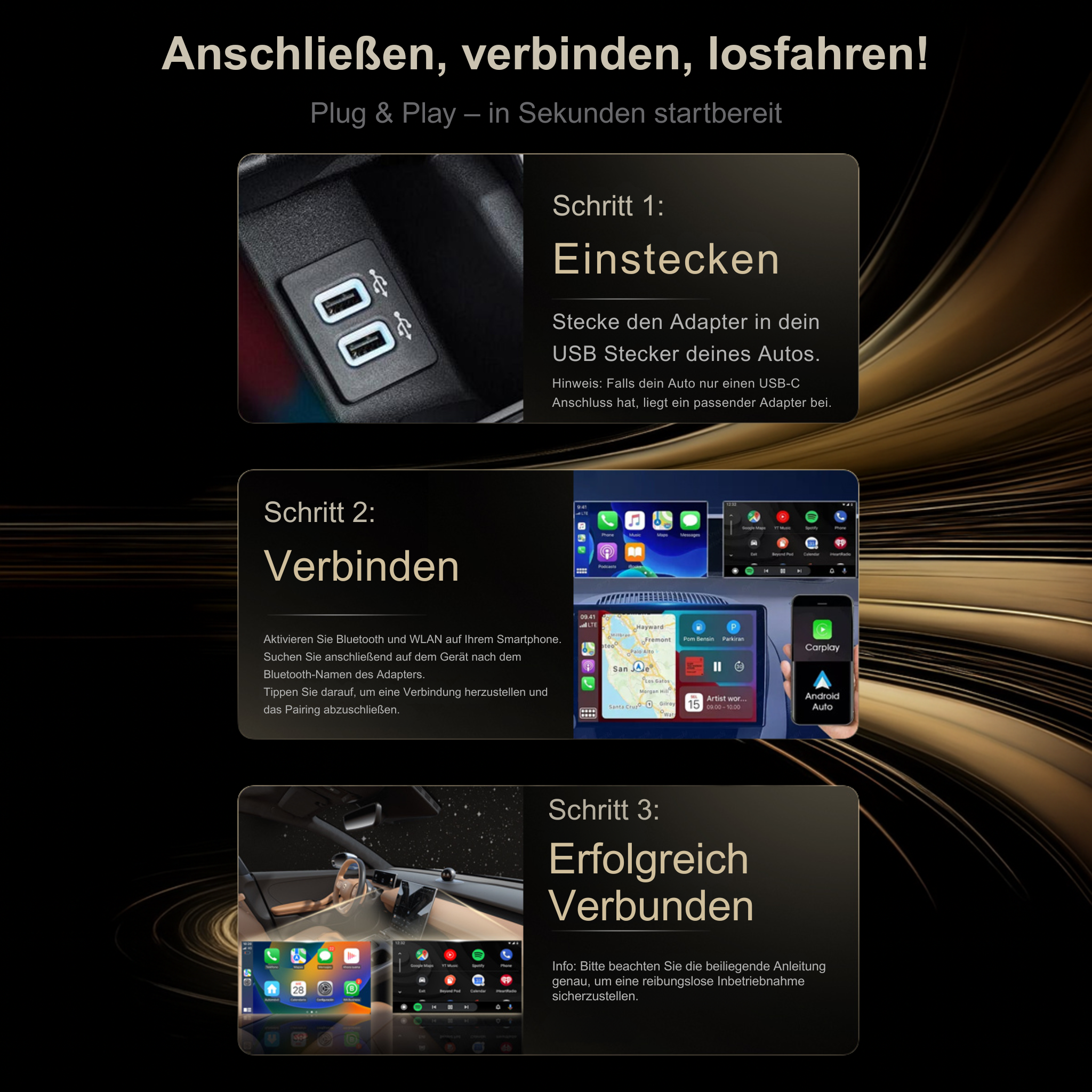 Anweisungen für ein Autogerät. Schritte zum Verbinden. Zeigt Bilder eines Auto-Bildschirms und Telefons.