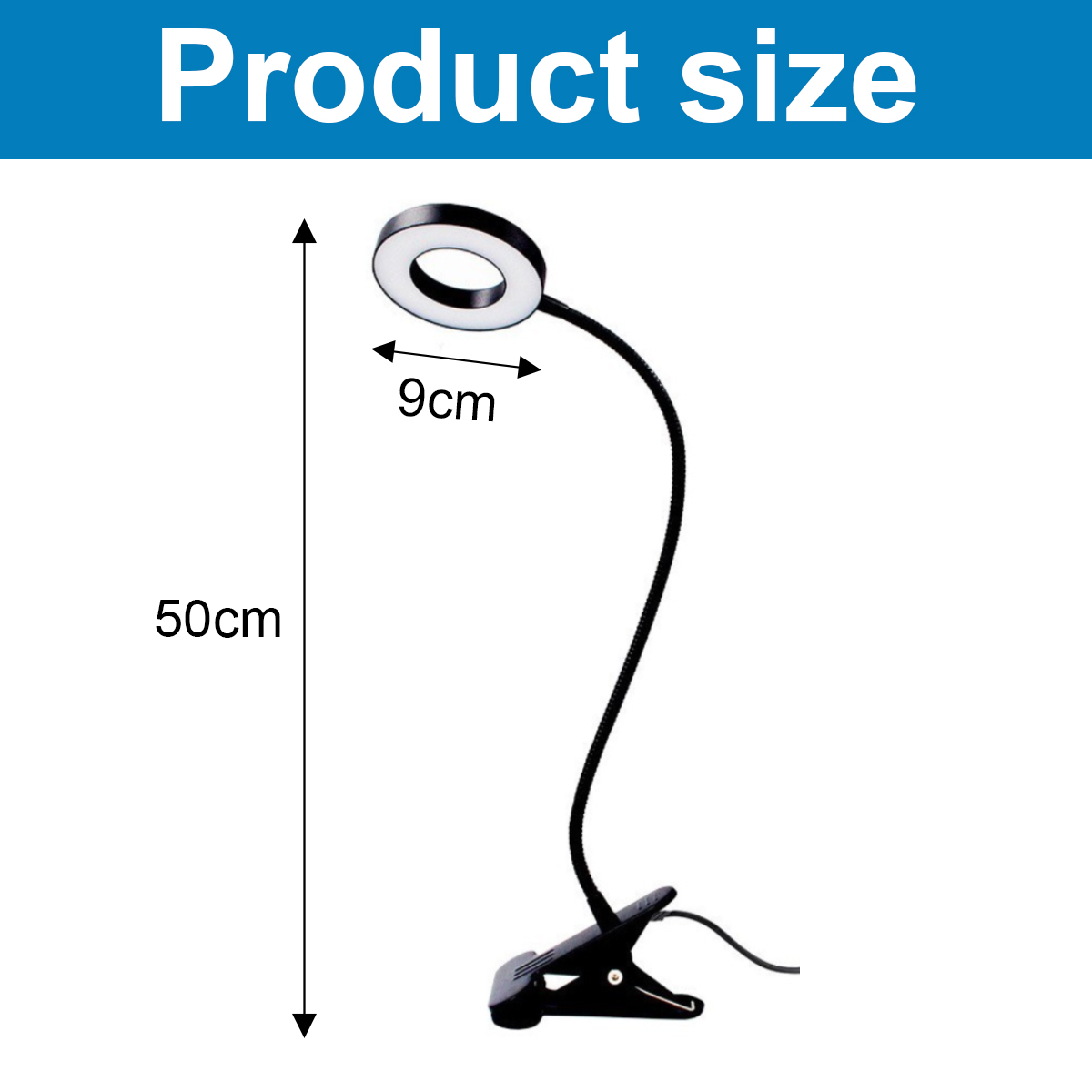 Eine Schreibtischlampe mit Ringlicht, die Höhen- und Durchmesserabmessungen sind angegeben.