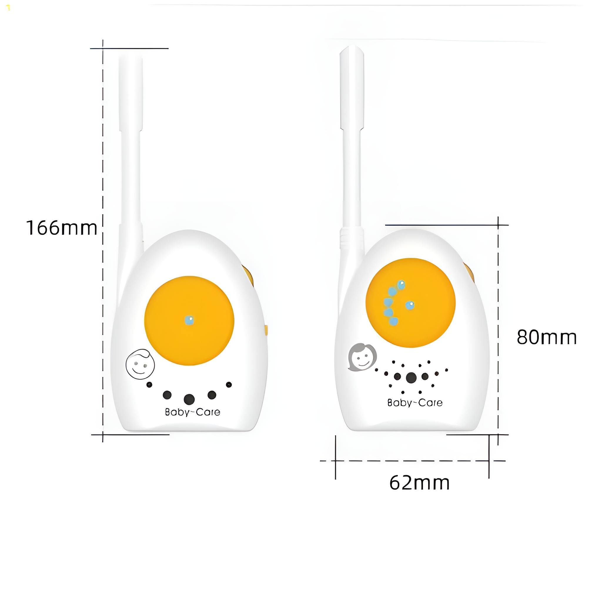 Zwei Babyphones nebeneinander mit Abmessungen. Weiß mit gelben Akzenten. Hat ein lächelndes Babygesicht darauf.