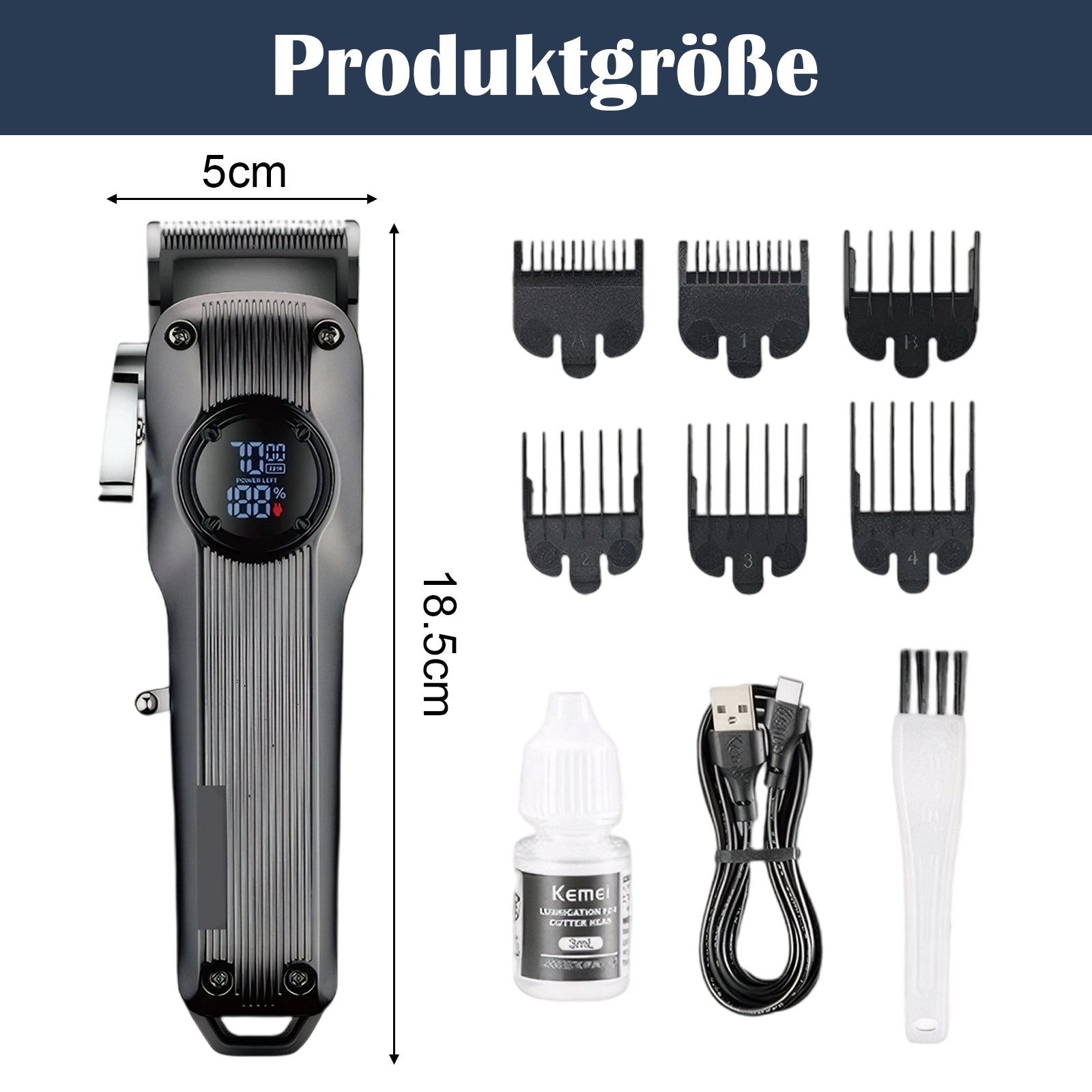 Haarschneidemaschine und Zubehör mit Abmessungen, mit Digitalanzeige.