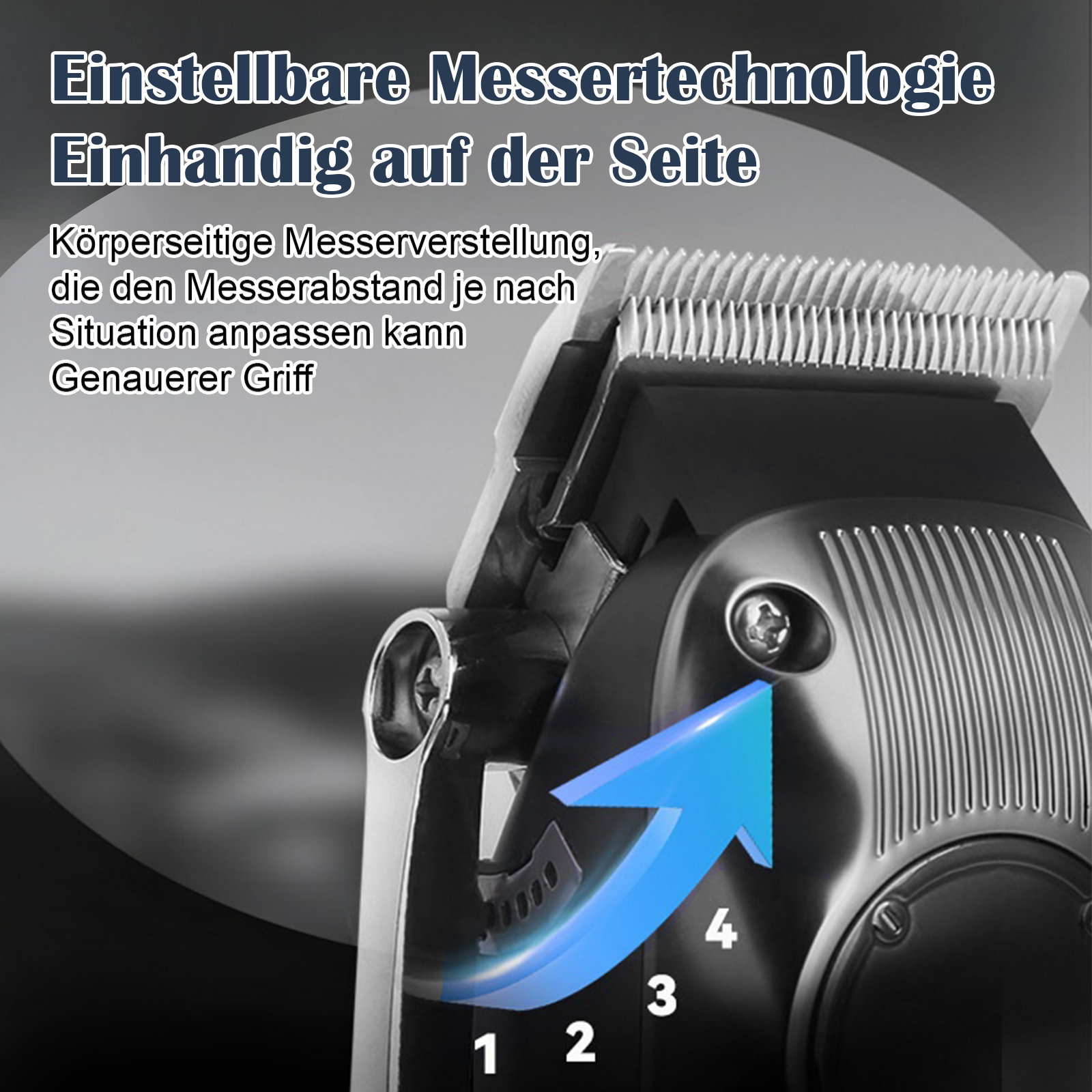 Nahaufnahme eines schwarzen Haarschneiders mit einem blauen Pfeil, der die Einstelleinstellungen anzeigt.