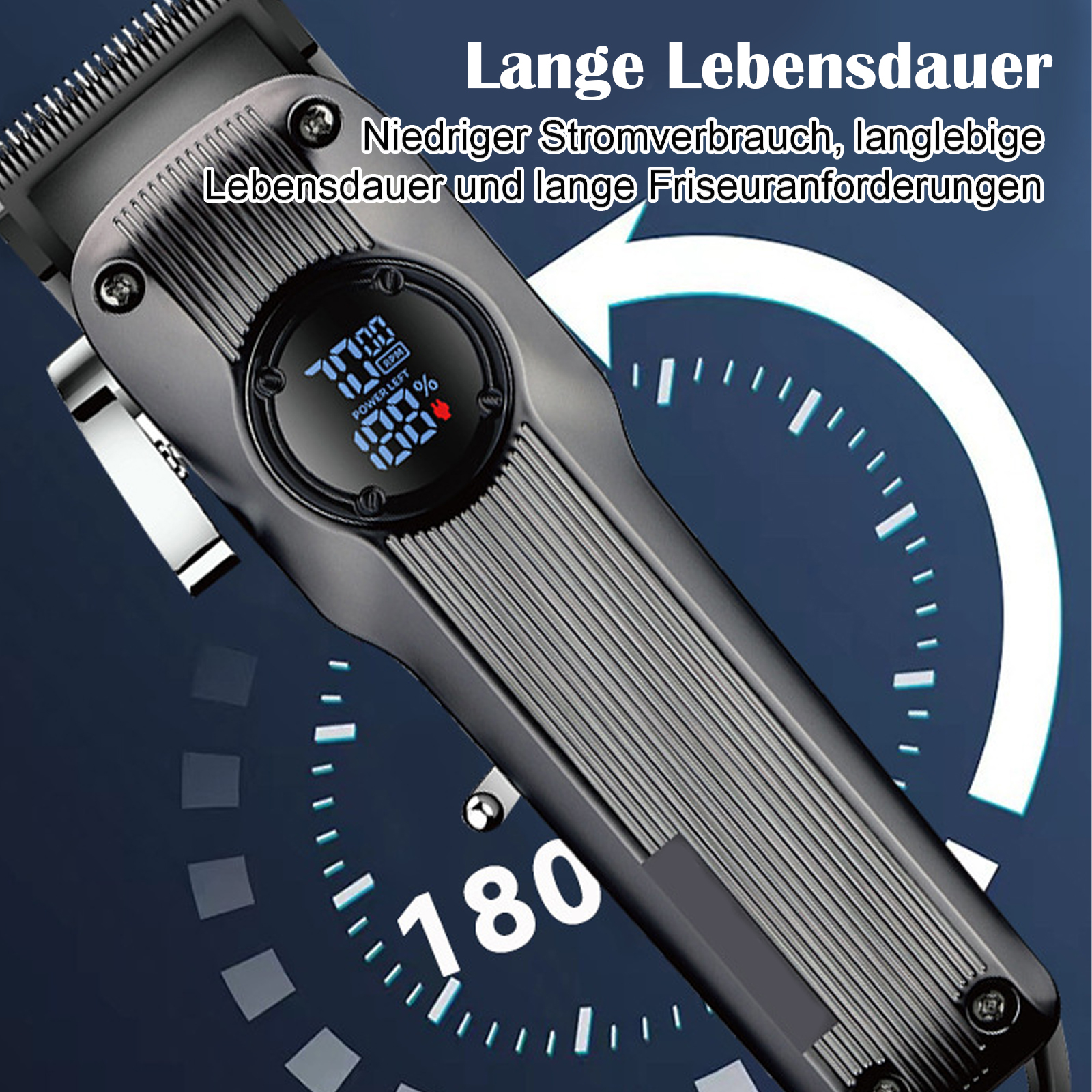Ein schwarzer Haarschneider mit digitaler Anzeige, die Leistung und ein kreisförmiges Zifferblatt zeigt.