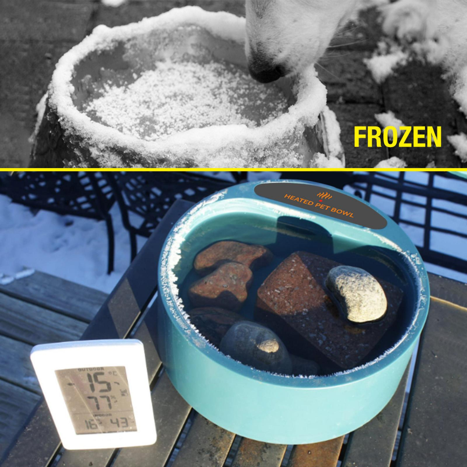 Eine gefrorene und beheizte Haustierschüssel mit Schnee und Steinen, mit einem Thermometer.