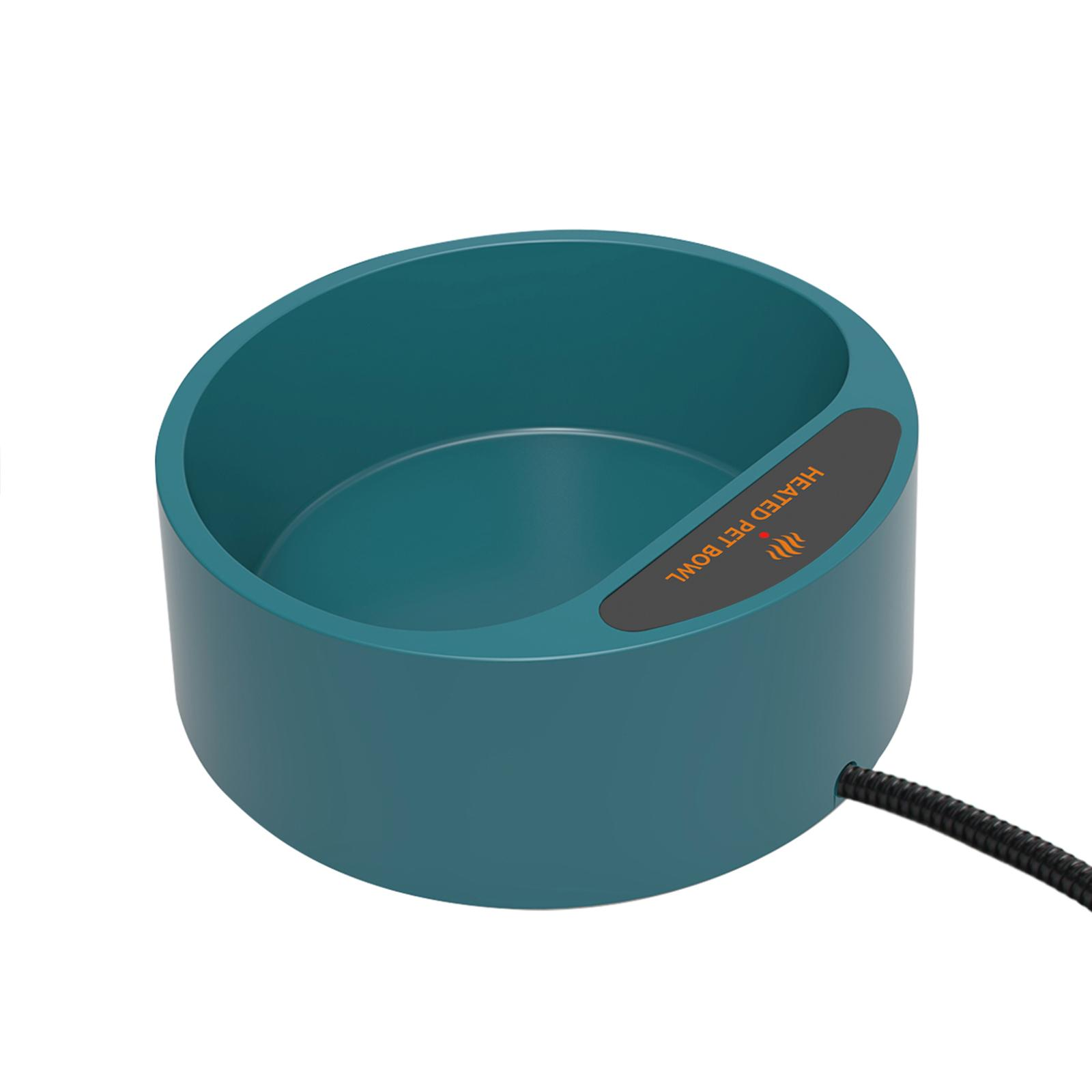 Eine türkisfarbene, runde Haustier-Schüssel mit einem schwarzen Netzkabel. Die Schüssel hat ein Etikett für eine beheizte Haustier-Schüssel.