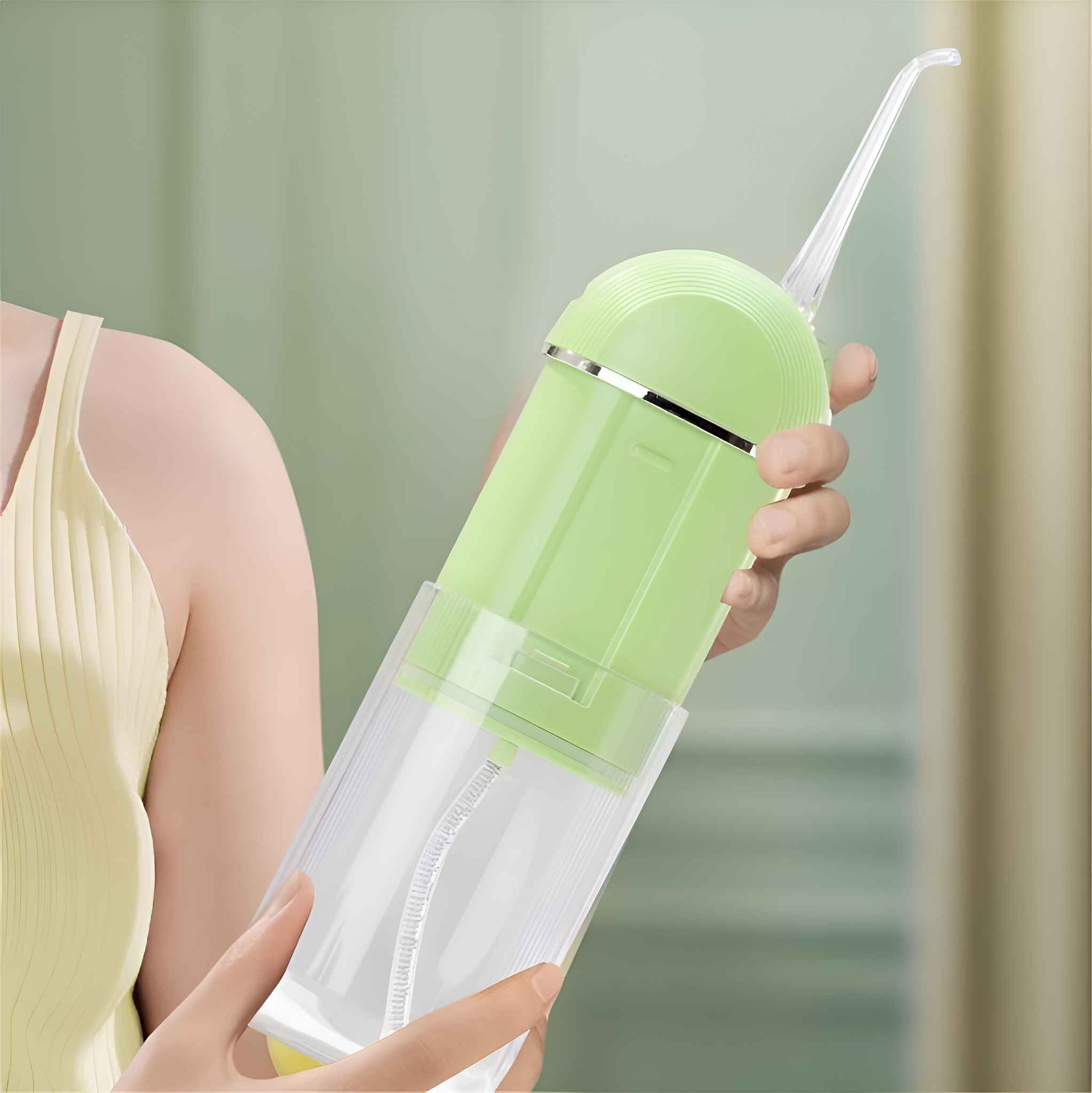 Eine Person hält einen grünen und transparenten Wasser-Flosser. Der Hintergrund ist eine hellgrüne Wand. Person trägt gelbes Top.