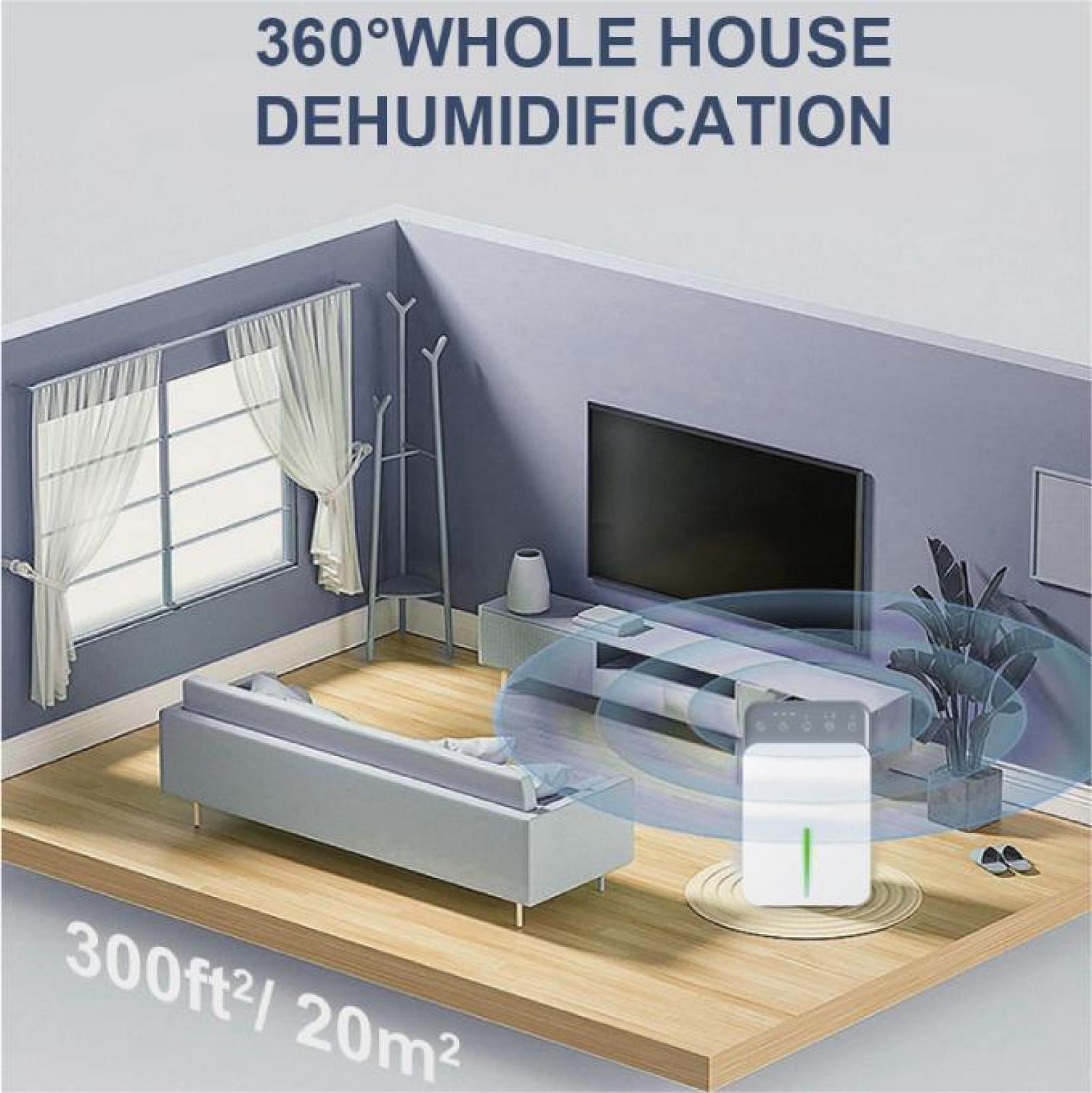 Ein 3D-Raum mit Luftentfeuchter, Sofa und Fernseher. Text: "360° HAUSENTFEUCHTUNG".