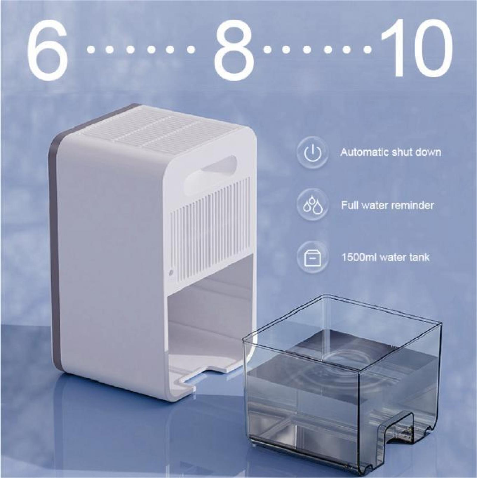 Ein weißer Luftentfeuchter mit Wassertank, Icons für Abschaltautomatik, Wasserstand und Tankgröße.