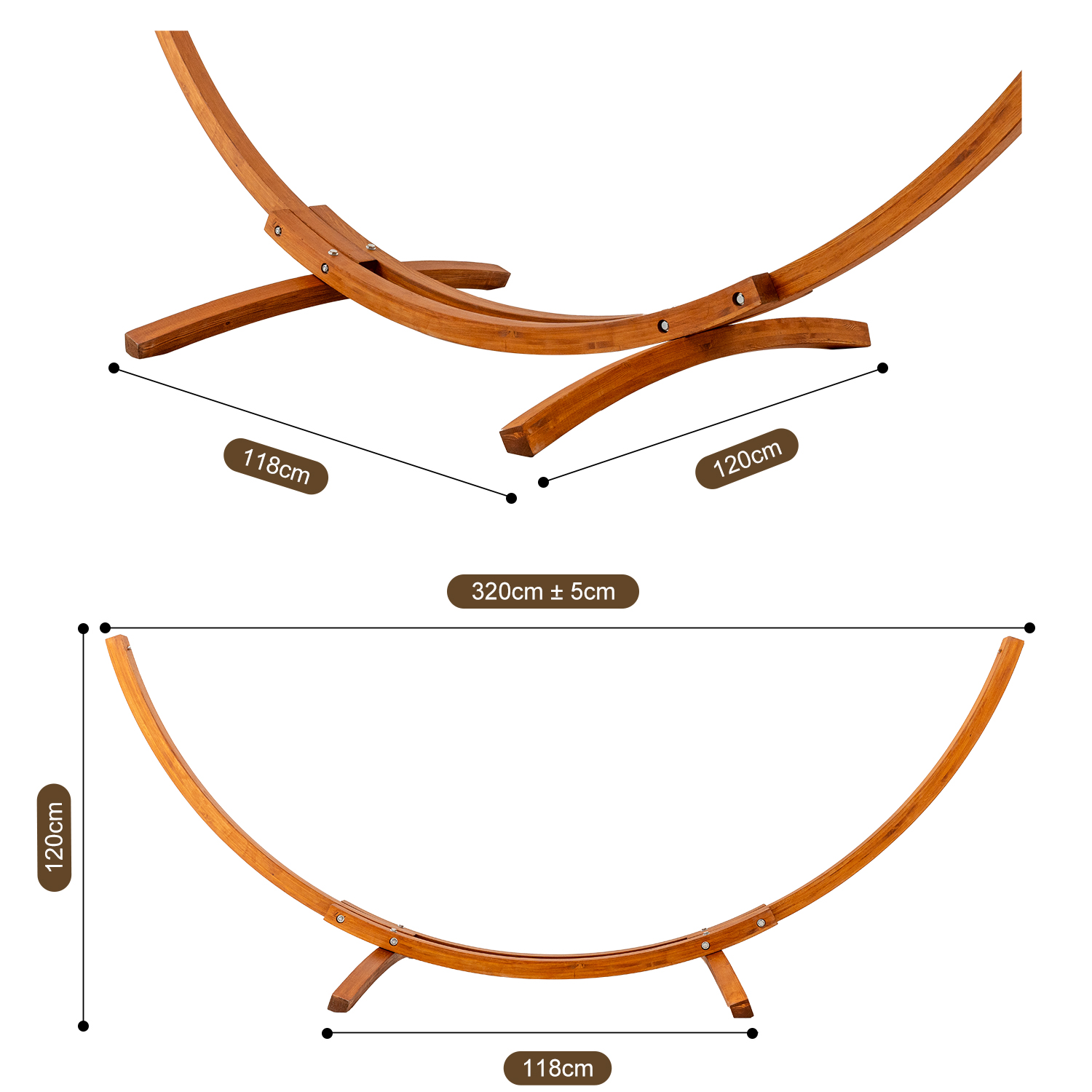 Diagramma di un supporto per amaca in legno, con dimensioni: 118 cm, 120 cm e 320 cm. Viene mostrata anche la parte inferiore.