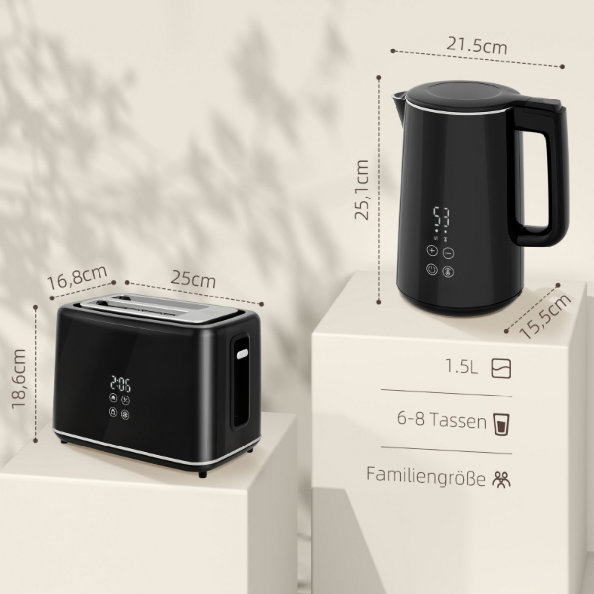Schwarzes Wasserkocher- und Toaster-Set mit Abmessungen.