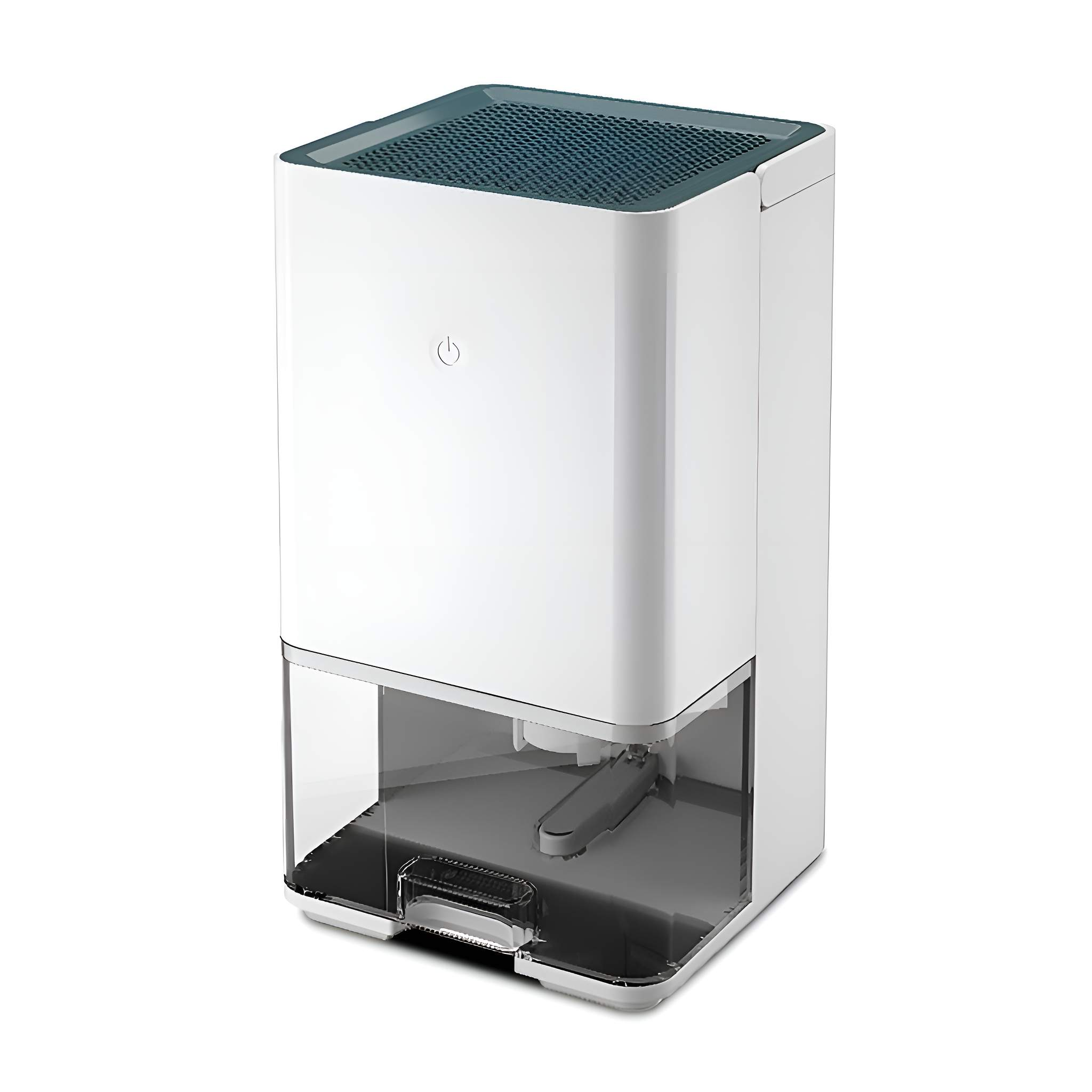 Ein weißer Luftentfeuchter mit transparentem Wassertank und blauem Deckel. Modernes Design, einfacher Ein-/Ausschalter.