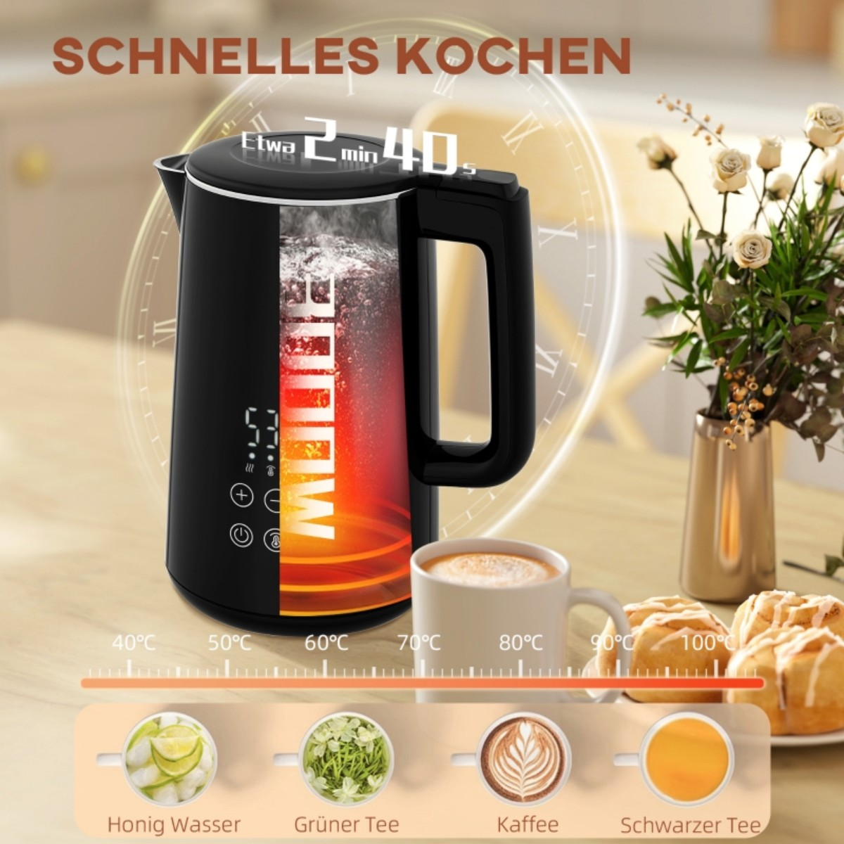 Ein schwarzer Wasserkocher, mit Kaffeetasse, Essenssymbolen und Text "SCHNELLES KOCHEN".