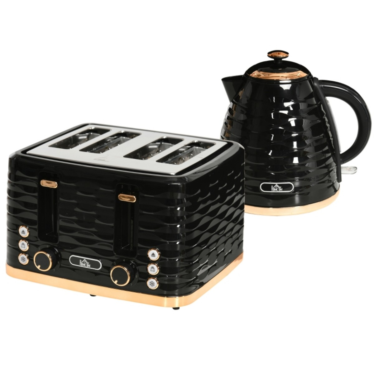 Ein schwarzes Toaster- und Wasserkocher-Set mit goldenen Akzenten auf weißem Hintergrund. Beide Artikel haben ein strukturiertes, geripptes Design.