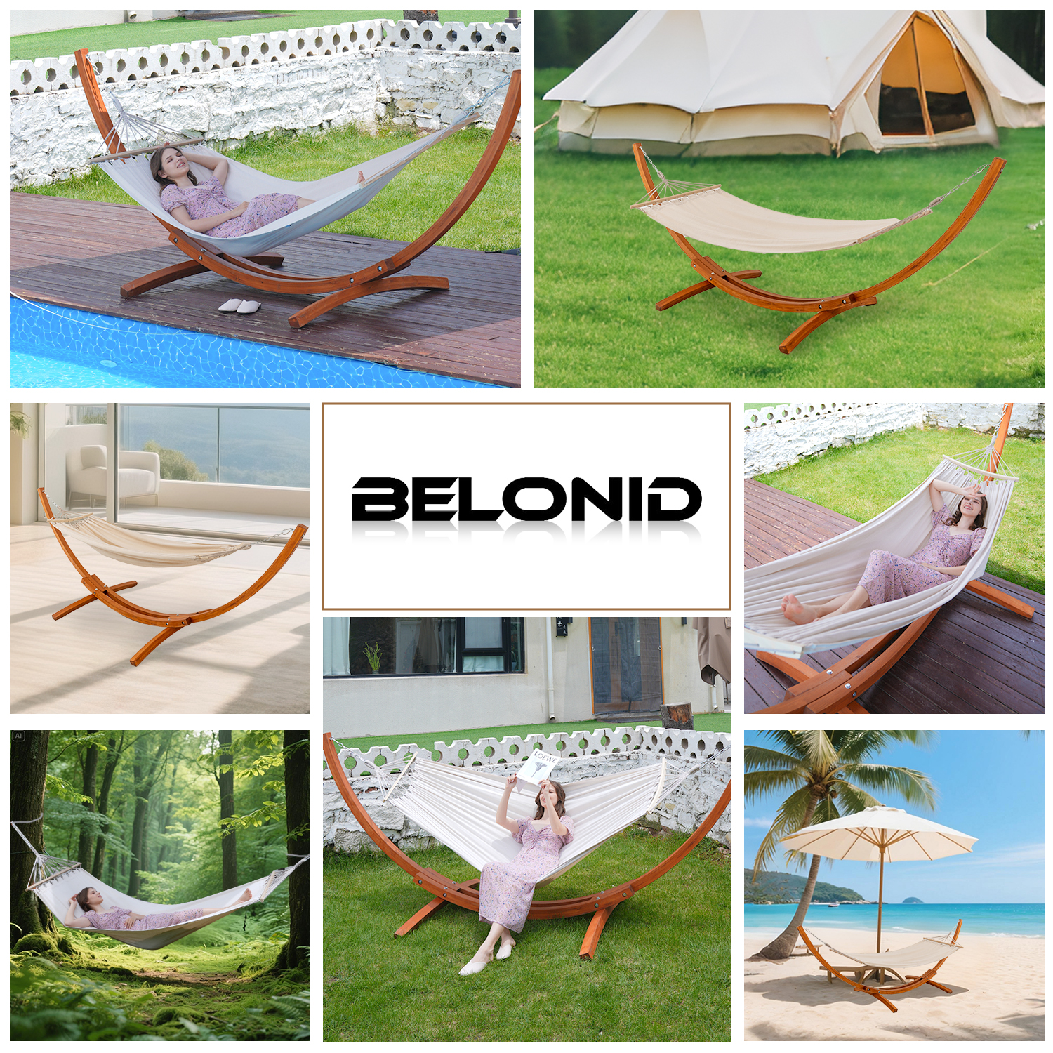 Un collage di amache, con persone che si rilassano. Include il logo Belonid. Varie ambientazioni: spiaggia, giardino, foresta.
