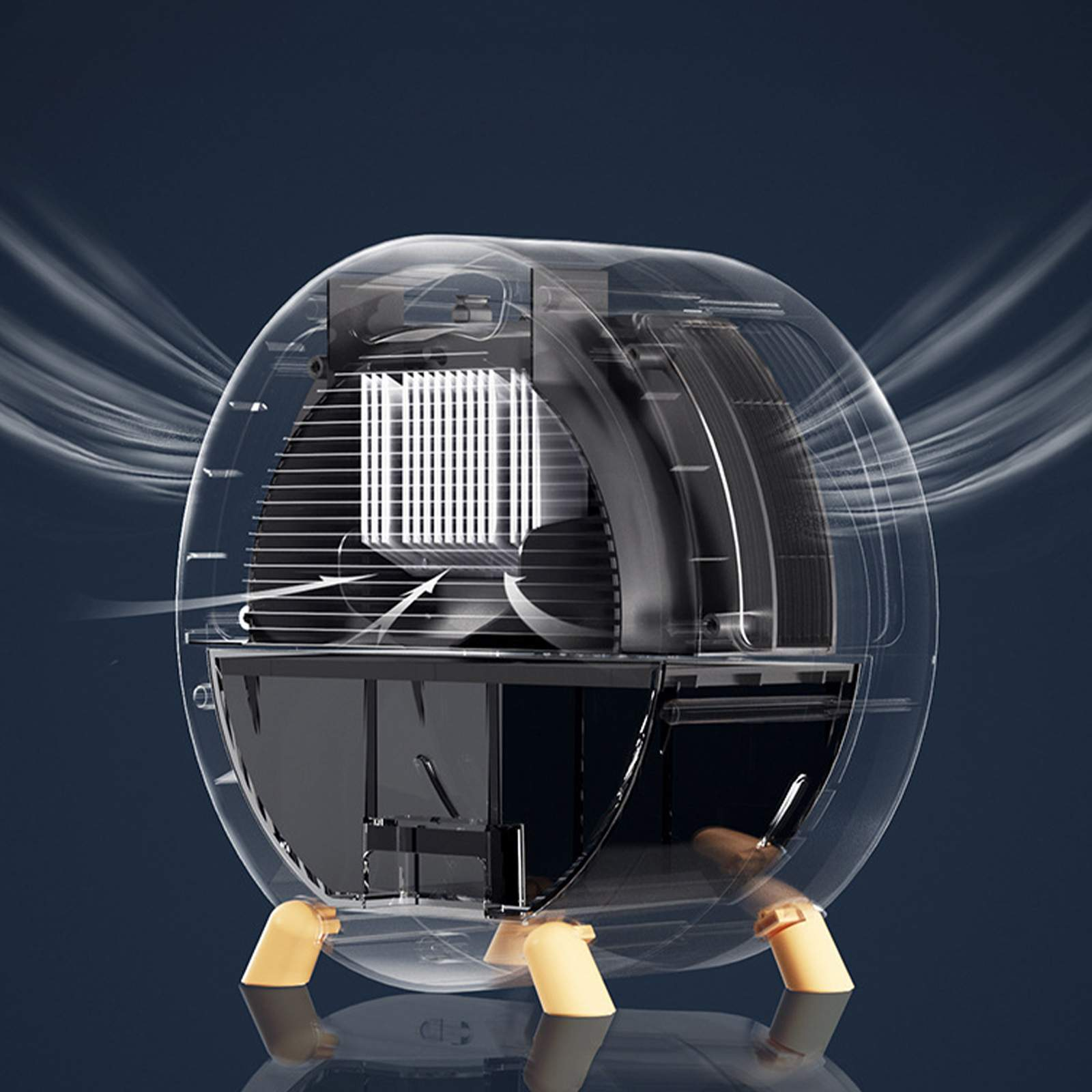 Ein Luftreiniger mit transparenter Hülle. Es hat ein kugelförmiges Design mit einem Ventilator und einem Filter im Inneren.