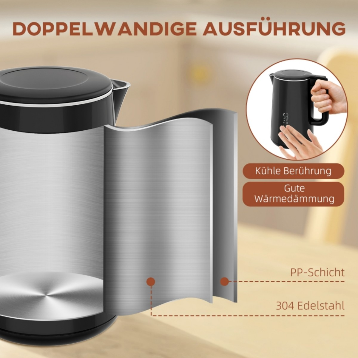 Ein Wasserkocher mit Doppelwand-Design, das die Innen- und Außenschichten zeigt. Der Wasserkocher ist schwarz und silber.