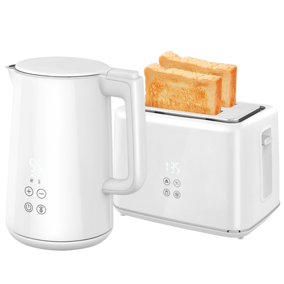 Weißer elektrischer Wasserkocher und Toaster. Toaster mit zwei Toastscheiben. Digitalanzeige auf beiden Geräten.