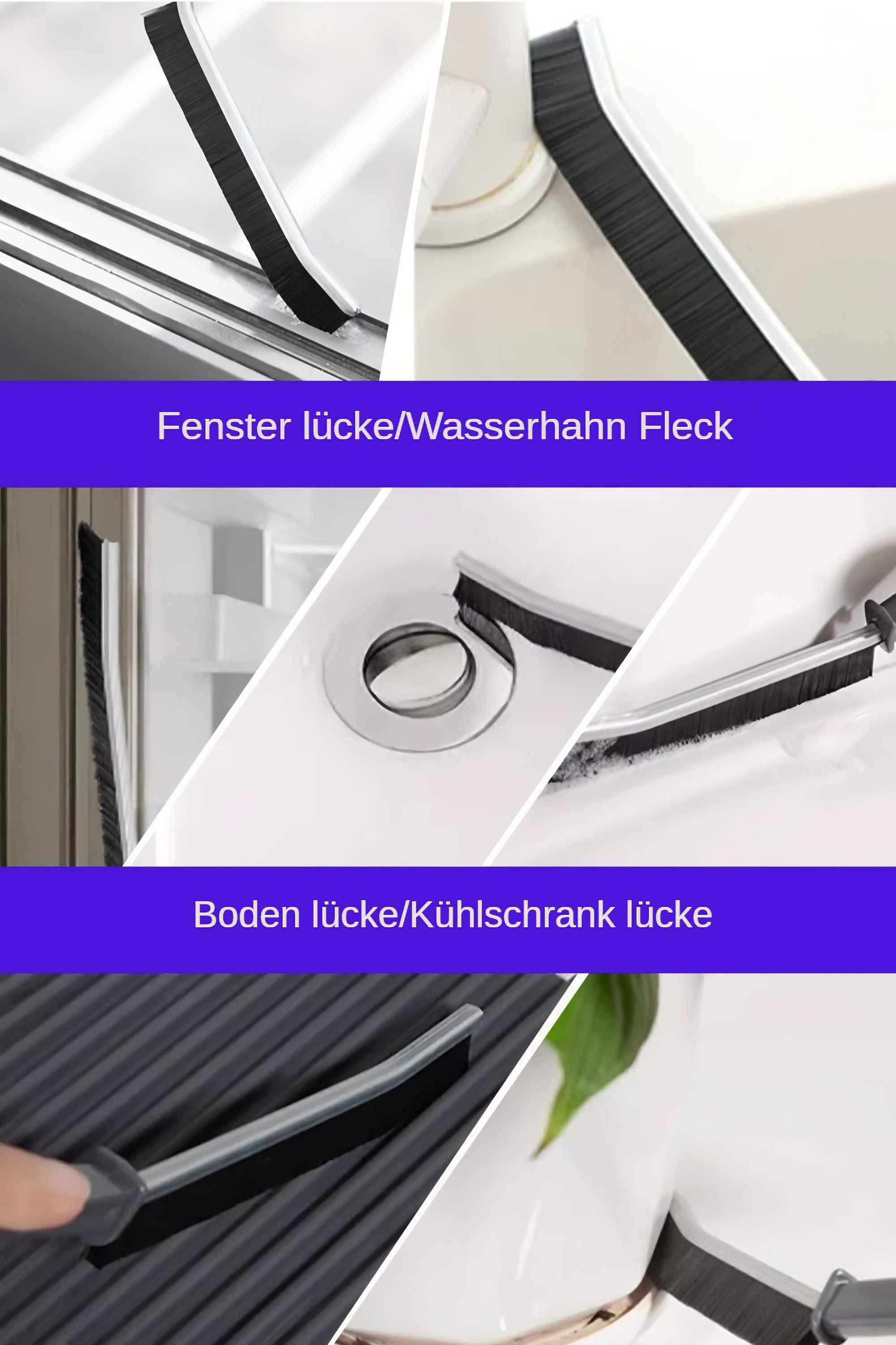 Mehrere Bilder, die ein Bürstenwerkzeug zeigen, das verschiedene Bereiche wie Fenster und Waschbecken reinigt, mit Text.
