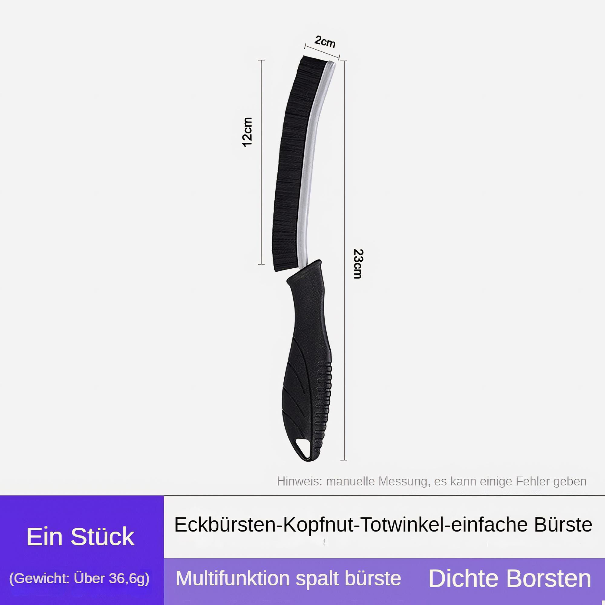 Eine Reinigungsbürste mit Textetiketten. Zeigt die Bürste, den Griff, mit Abmessungen.