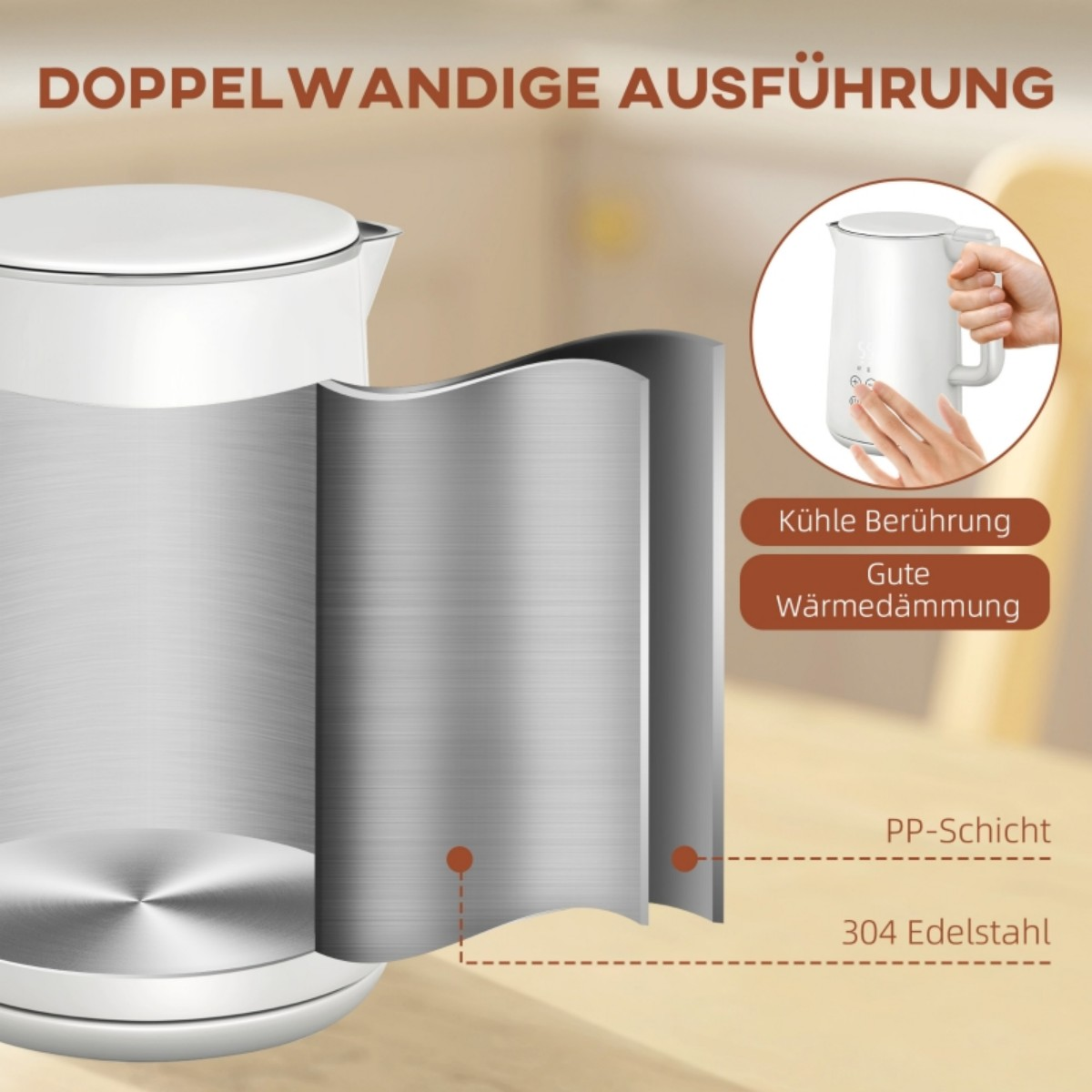 Ein Wasserkocher mit doppelwandiger Isolierung mit Edelstahl- und PP-Schichten für kühle Berührung und Wärmespeicherung.