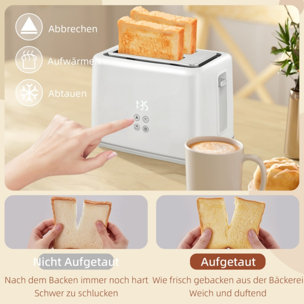 Ein weißer Toaster mit drei Knöpfen und einem Display sowie zwei Toastscheiben. Einer ist aufgetaut, einer nicht.