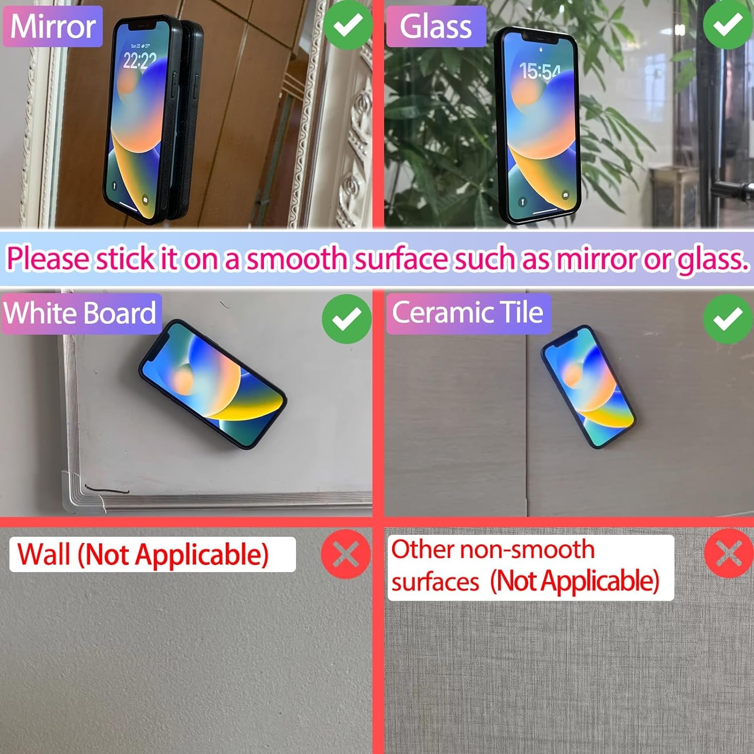 Obrazek przedstawia telefony przyklejone do lustra, szkła, tablicy i płytek. Ściana i inne powierzchnie nie dotyczą.