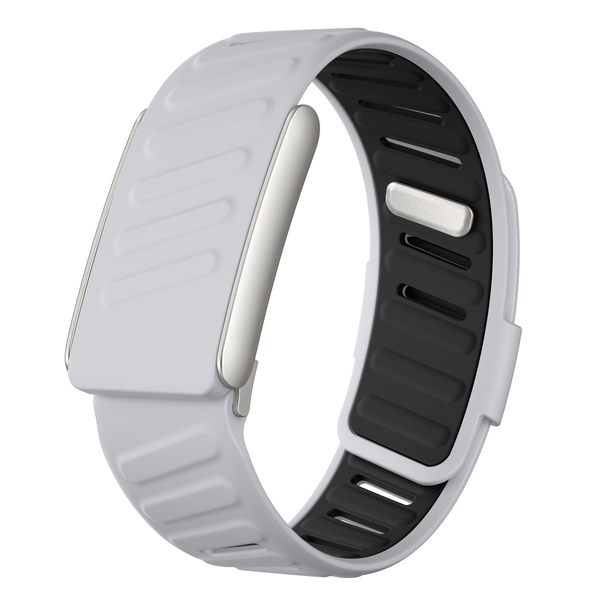 Eine hellgraue Smartwatch mit einem schwarzen Innenarmband. Das Armband ist gebogen.